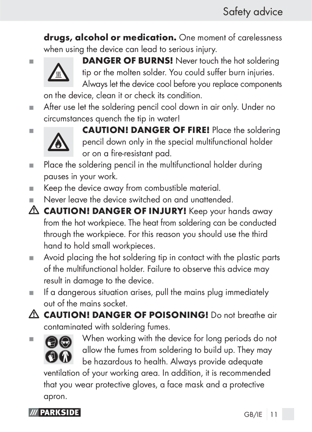 Parkside PLS 48 A1 manual Safety advice 