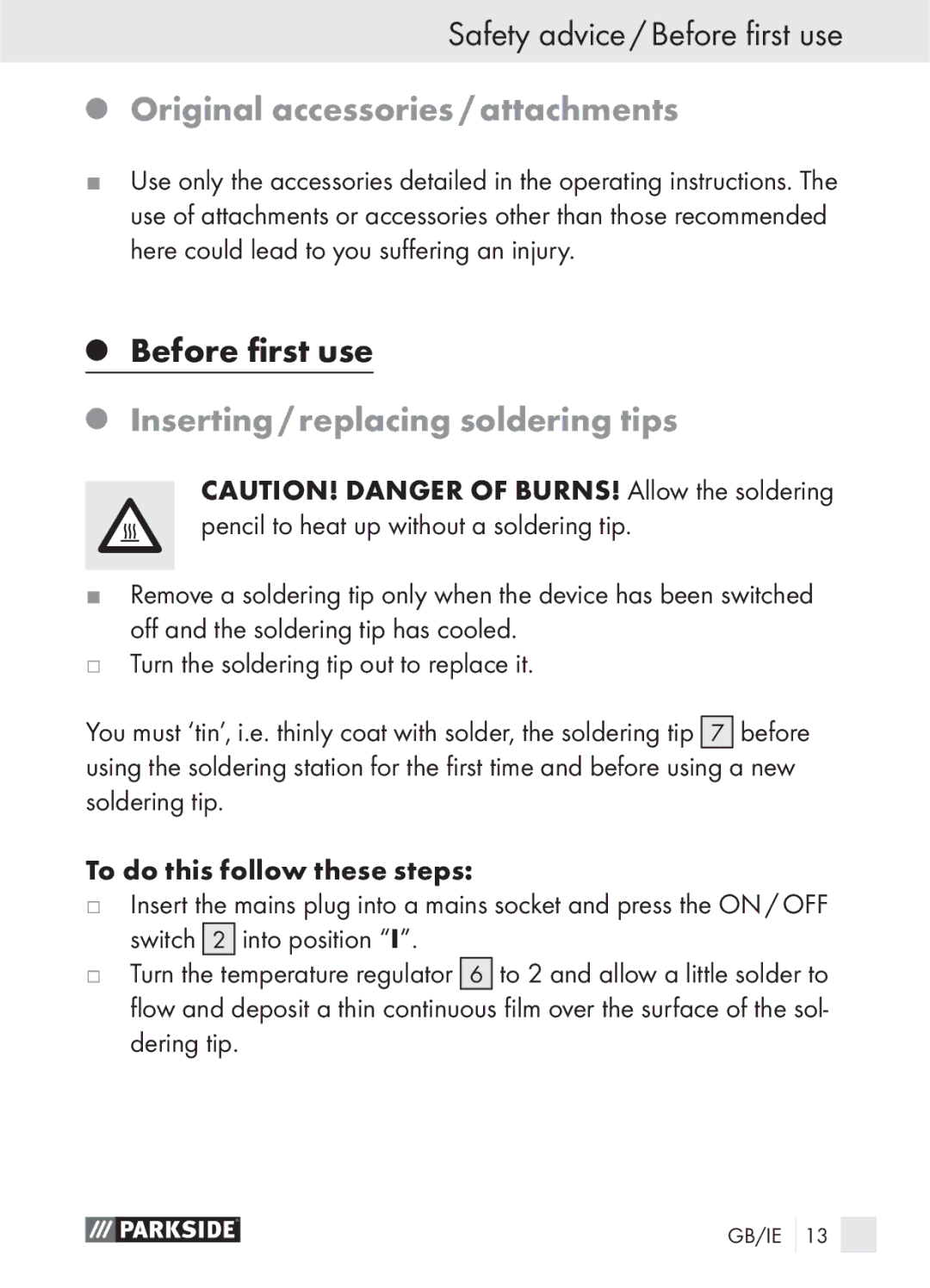 Parkside PLS 48 A1 manual Safety advice / Before first use, Original accessories / attachments, Before ﬁrst use 