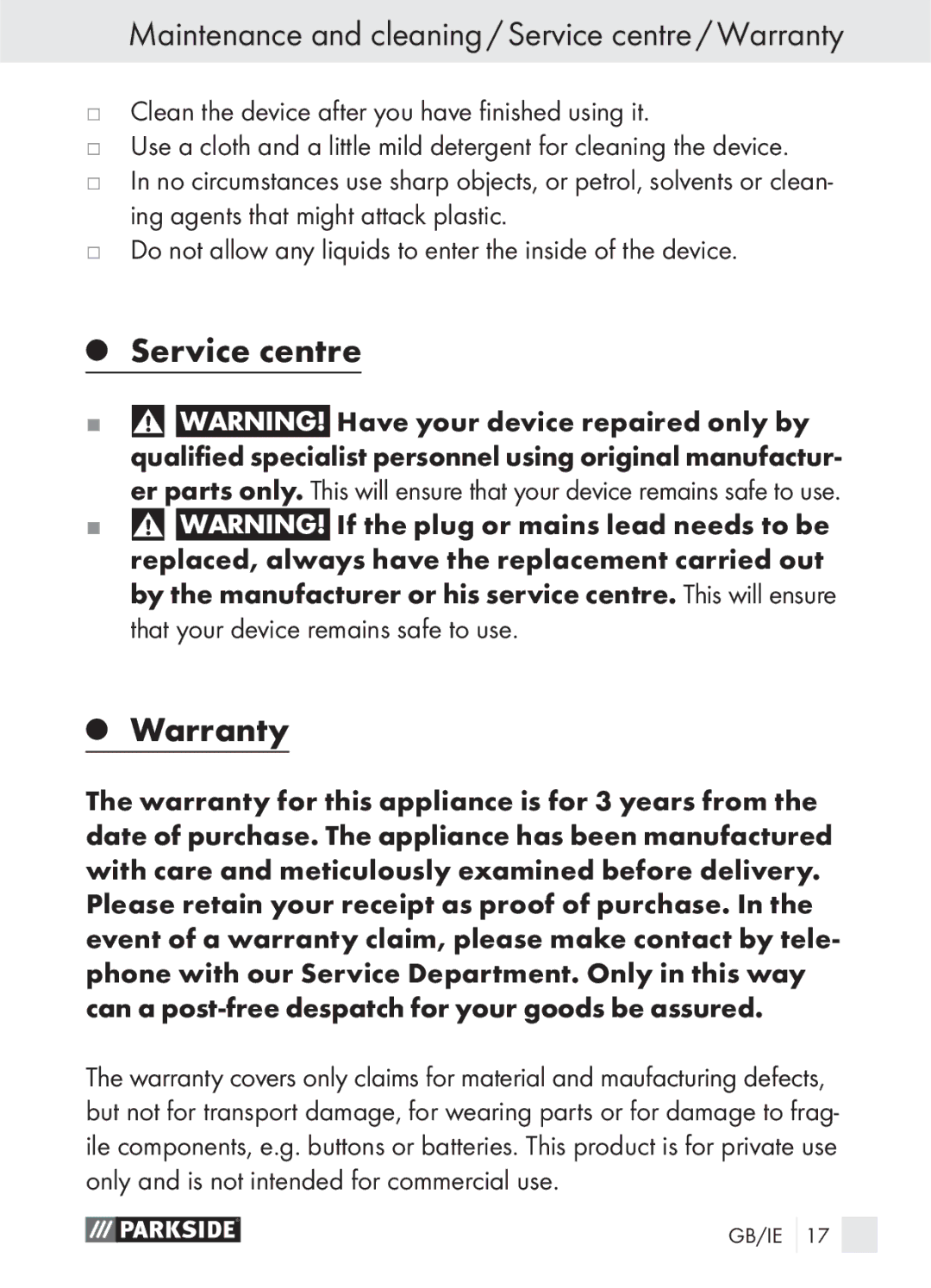 Parkside PLS 48 A1 manual Service centre Warranty, Maintenance and cleaning / Service centre / Warranty 