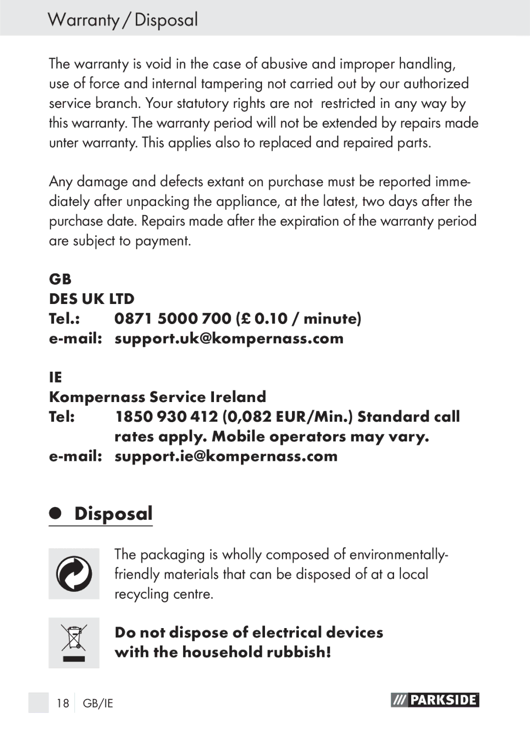 Parkside PLS 48 A1 manual Warranty / Disposal 