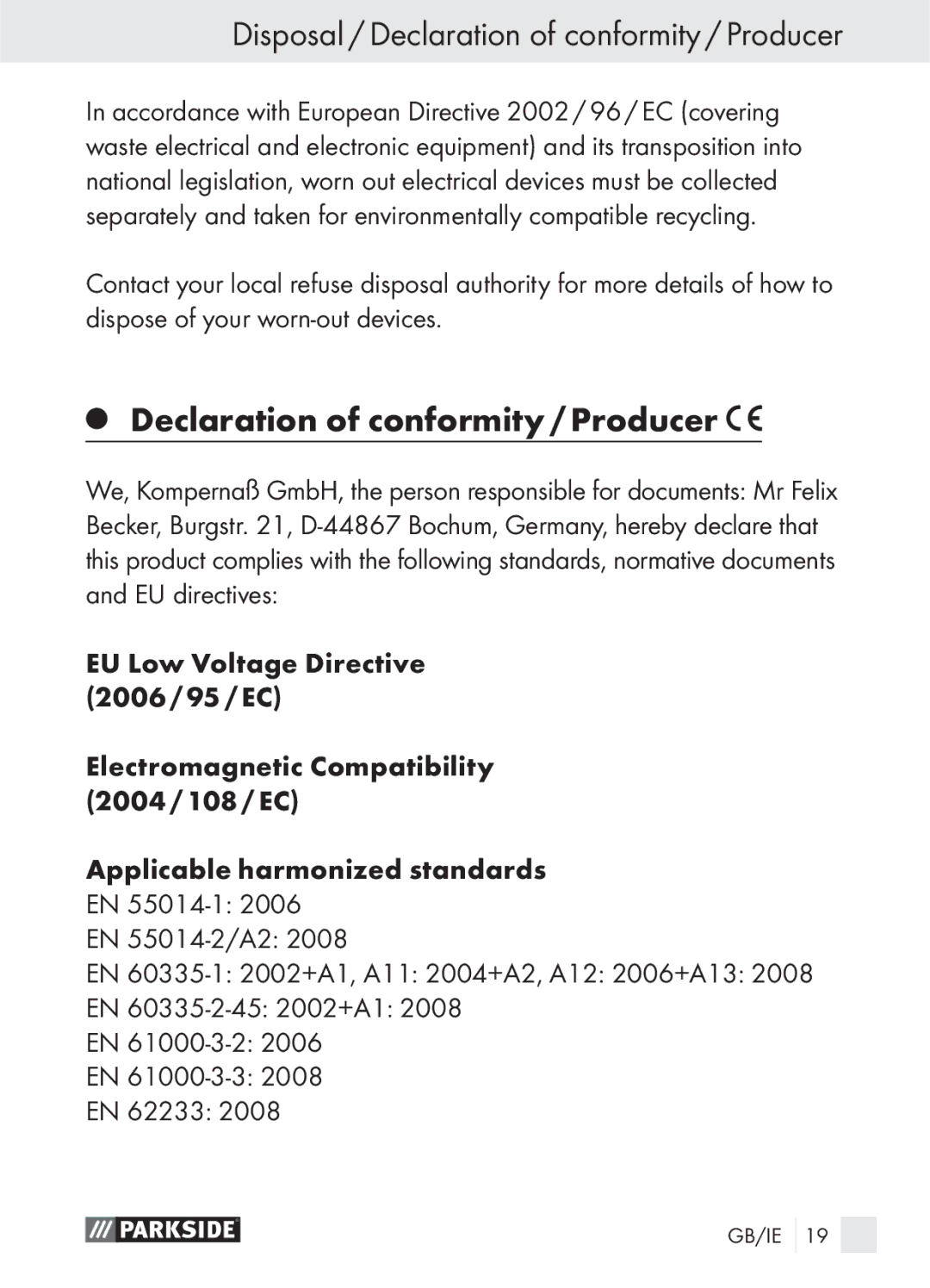 Parkside PLS 48 A1 manual Disposal / Declaration of conformity / Producer 