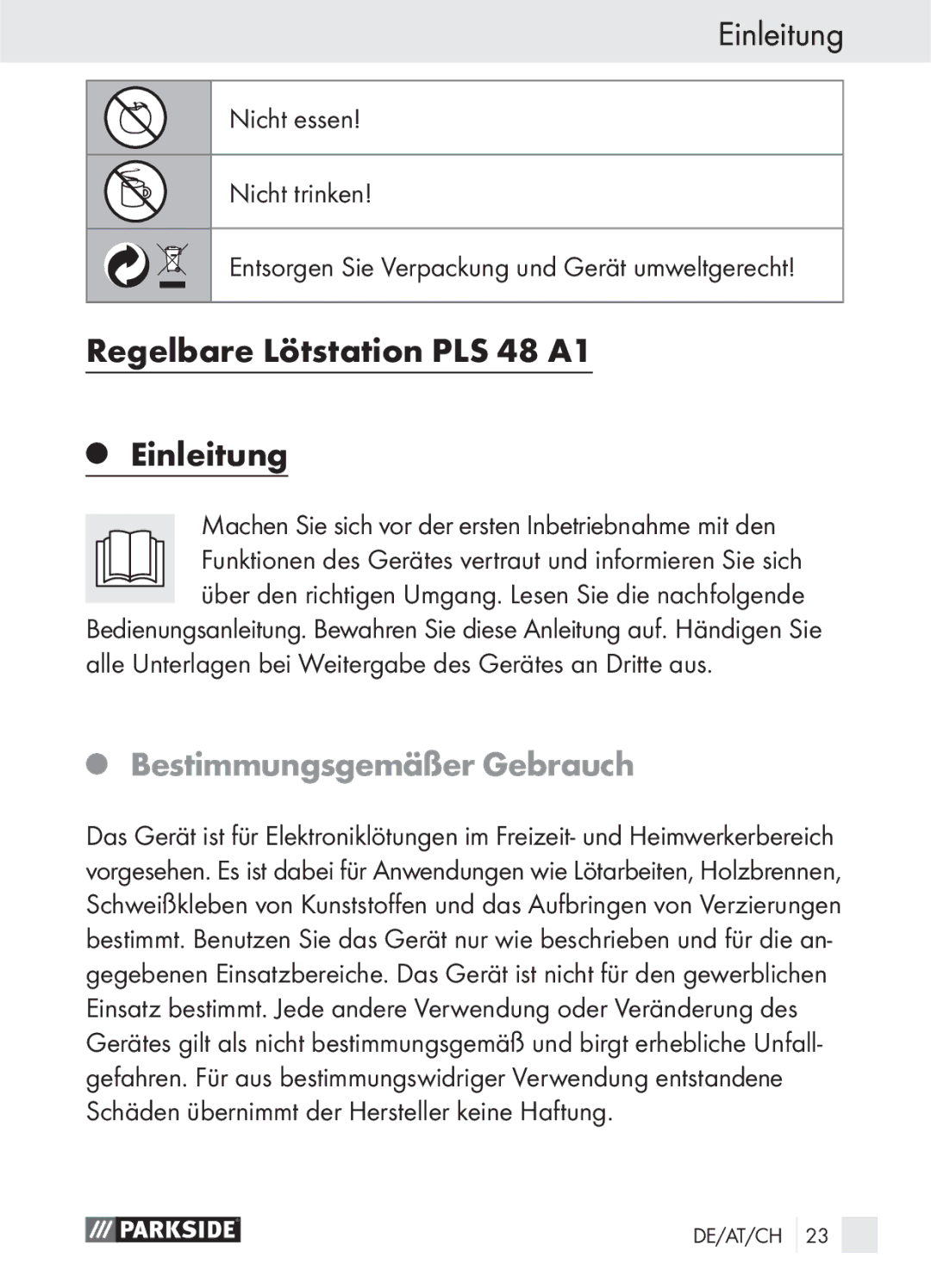 Parkside manual Regelbare Lötstation PLS 48 A1 Einleitung, Bestimmungsgemäßer Gebrauch 