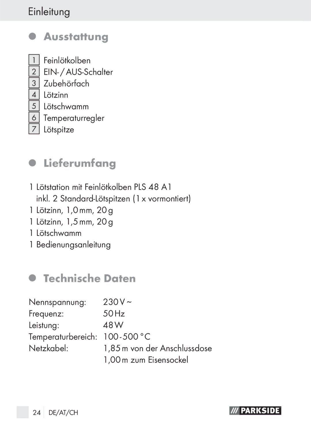 Parkside PLS 48 A1 manual Ausstattung, Lieferumfang, Technische Daten 