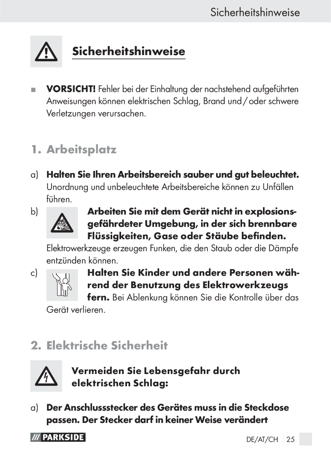 Parkside PLS 48 A1 manual Arbeitsplatz, Elektrische Sicherheit, Gerät verlieren 