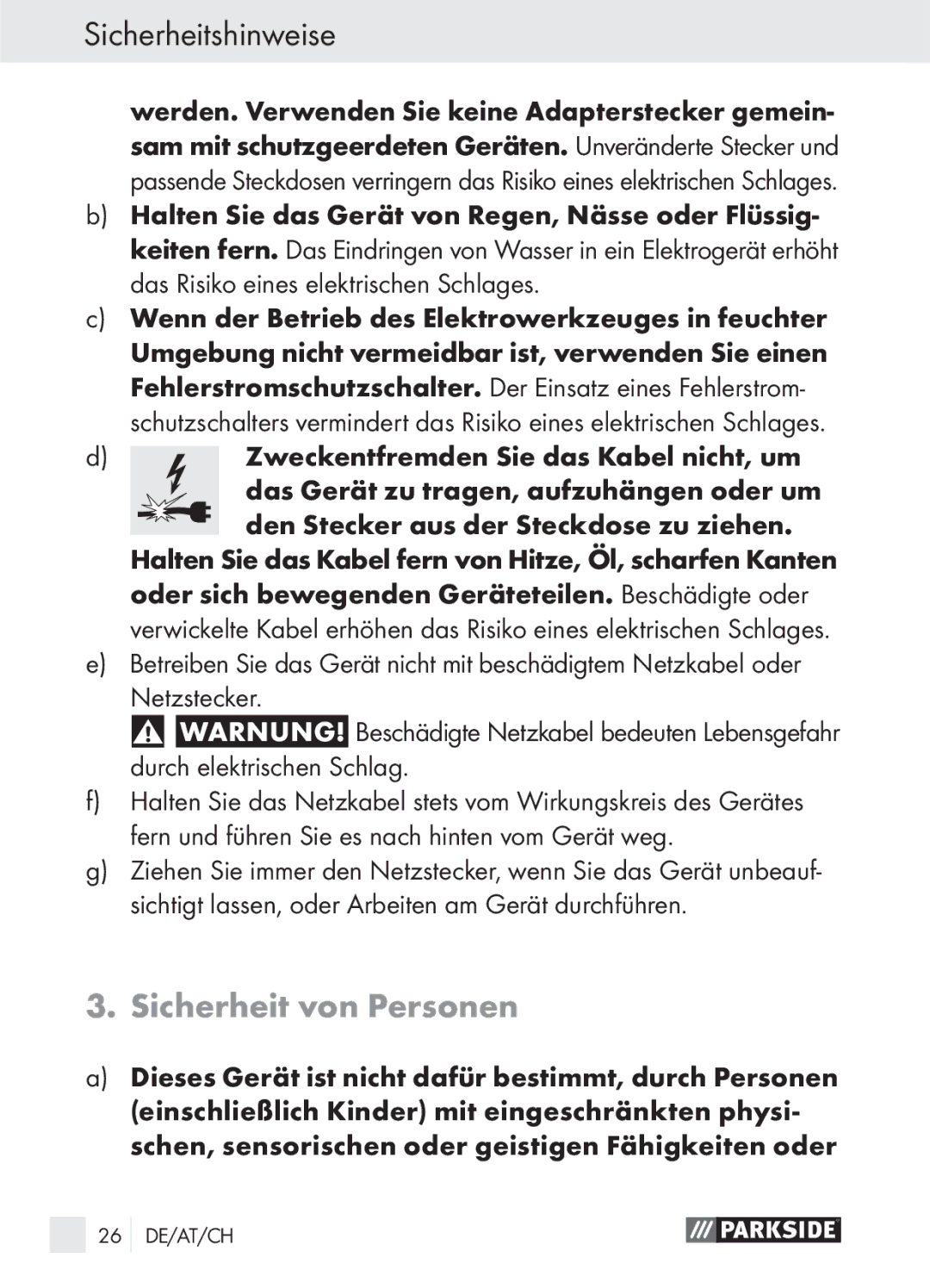 Parkside PLS 48 A1 manual Sicherheit von Personen 