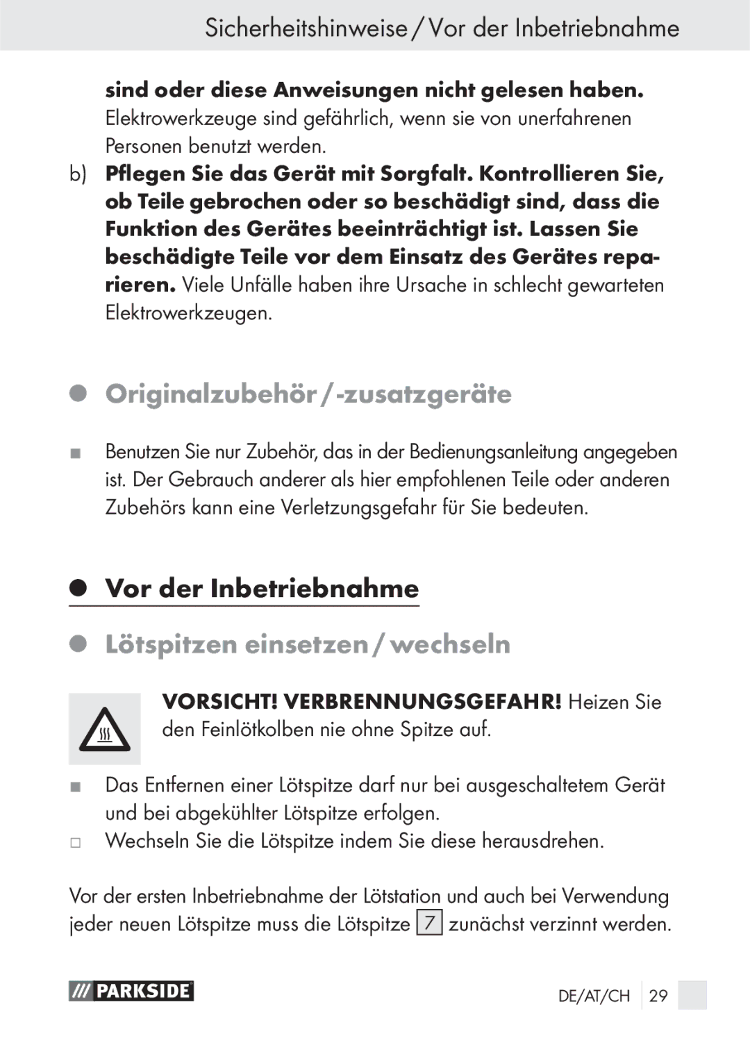 Parkside PLS 48 A1 manual Originalzubehör / -zusatzgeräte, Lötspitzen einsetzen / wechseln 