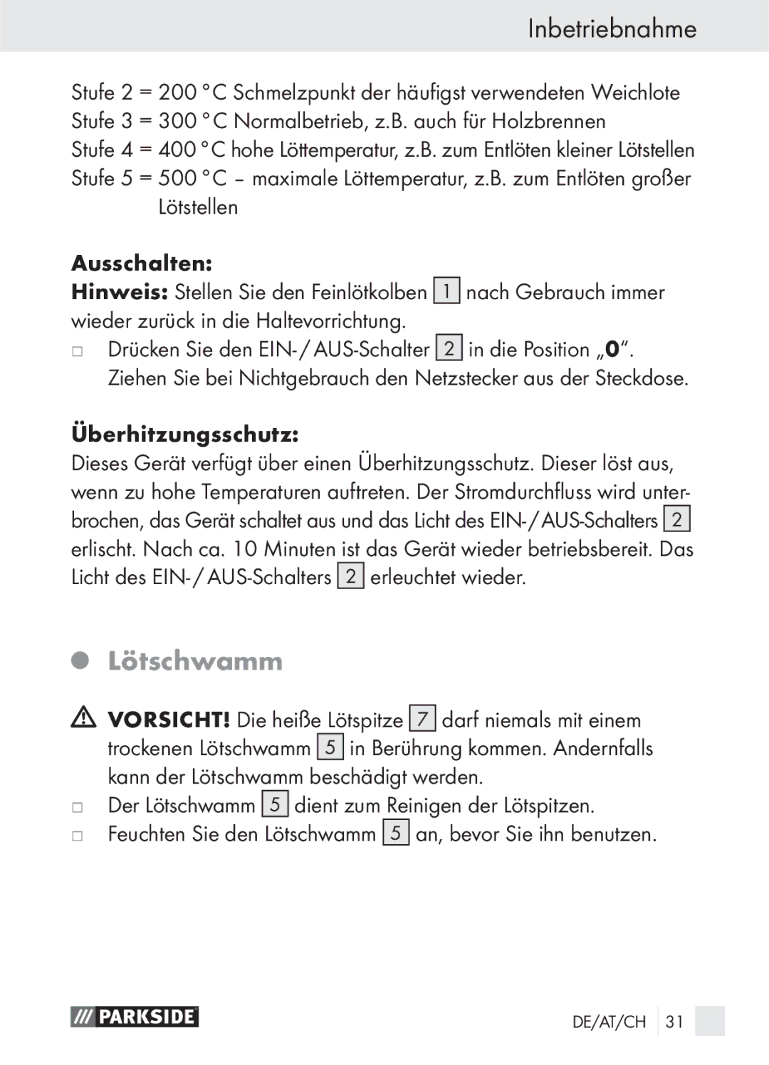 Parkside PLS 48 A1 manual Lötschwamm, Überhitzungsschutz 