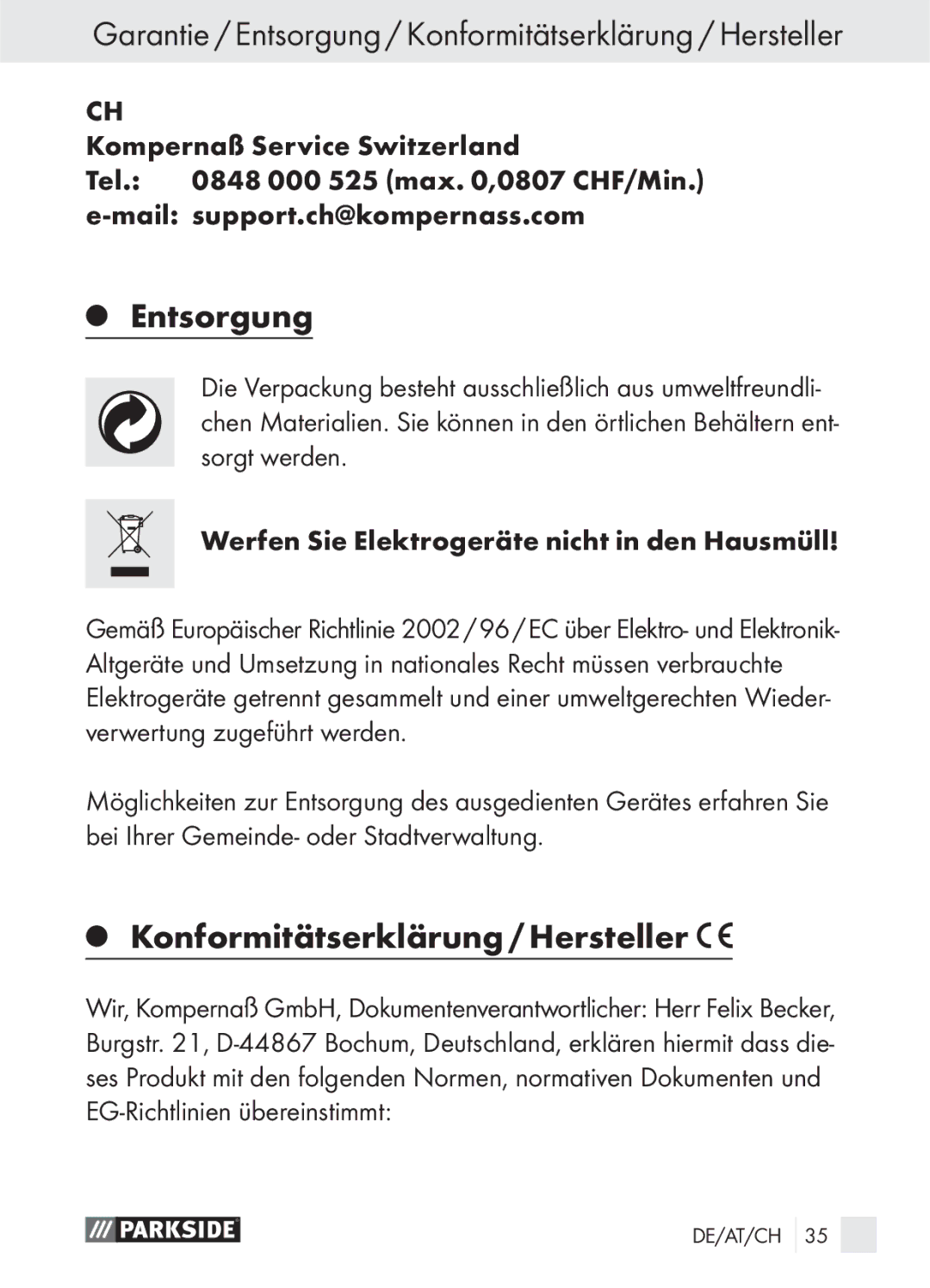 Parkside PLS 48 A1 manual Garantie / Entsorgung / Konformitätserklärung / Hersteller 