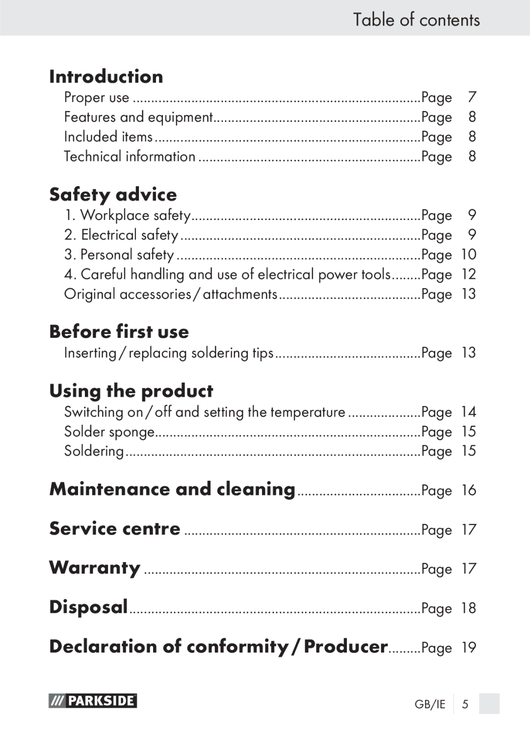 Parkside PLS 48 A1 manual Table of contents Introduction, Safety advice, Before first use, Using the product 