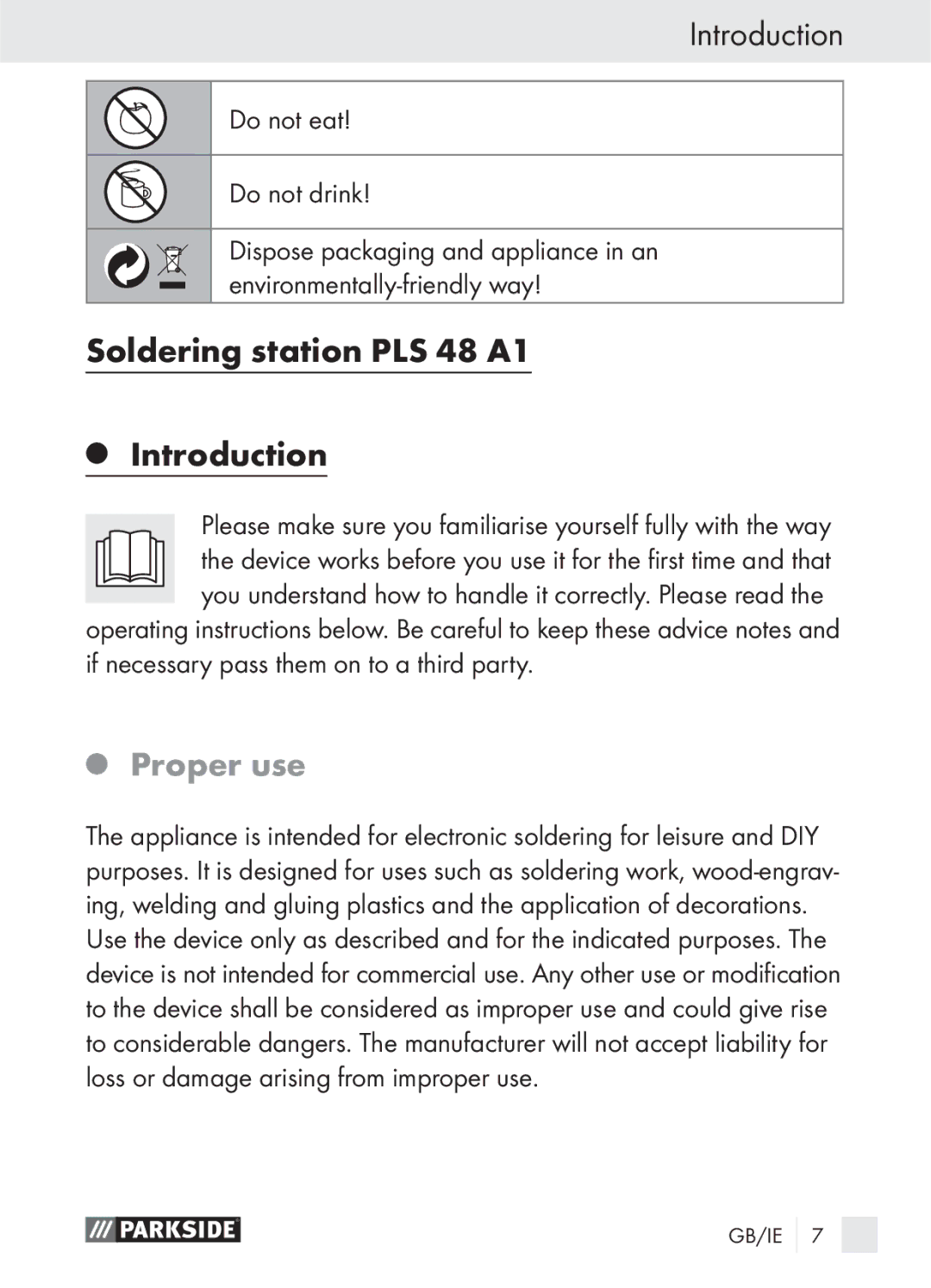 Parkside manual Soldering station PLS 48 A1 Introduction, Proper use 