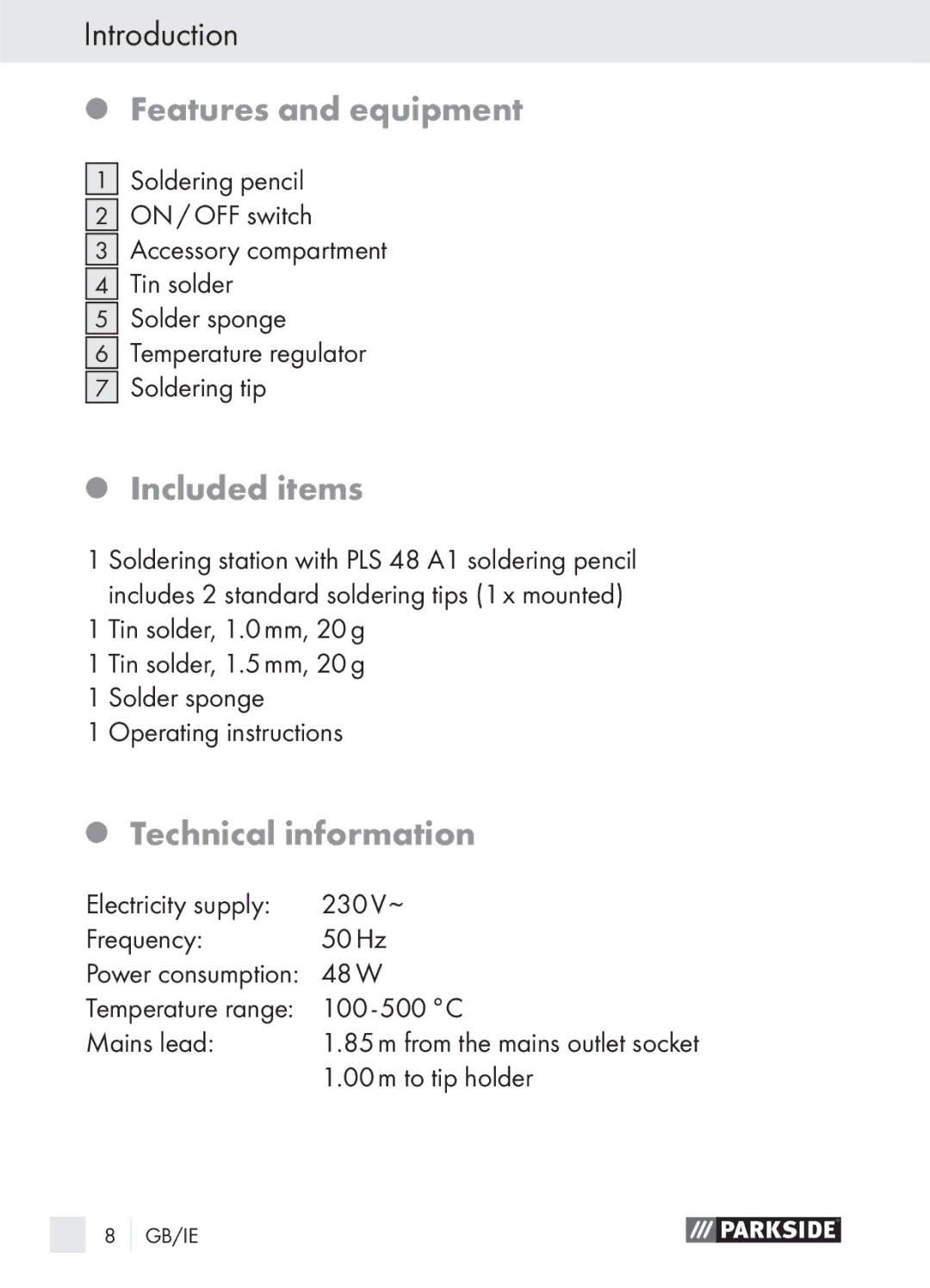 Parkside PLS 48 A1 manual Features and equipment, Included items, Technical information 