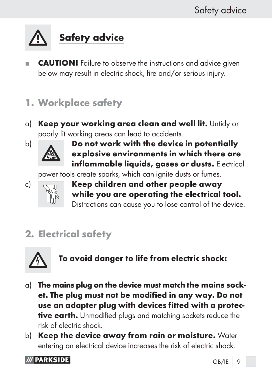 Parkside PLS 48 A1 manual Workplace safety, Electrical safety 