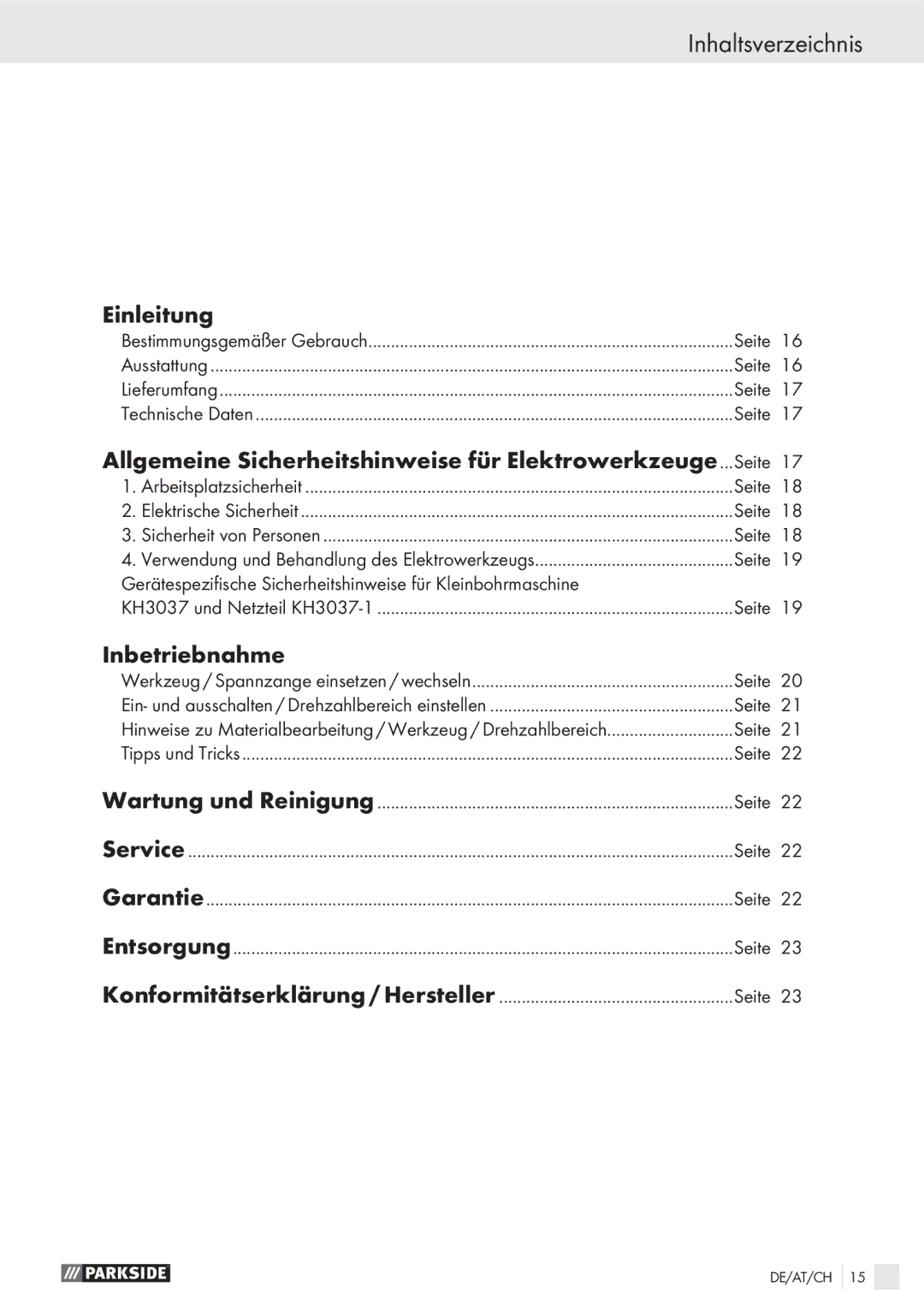 Parkside PMGS 12 A1 Inhaltsverzeichnis, Einleitung, Allgemeine Sicherheitshinweise für Elektrowerkzeuge, Inbetriebnahme 