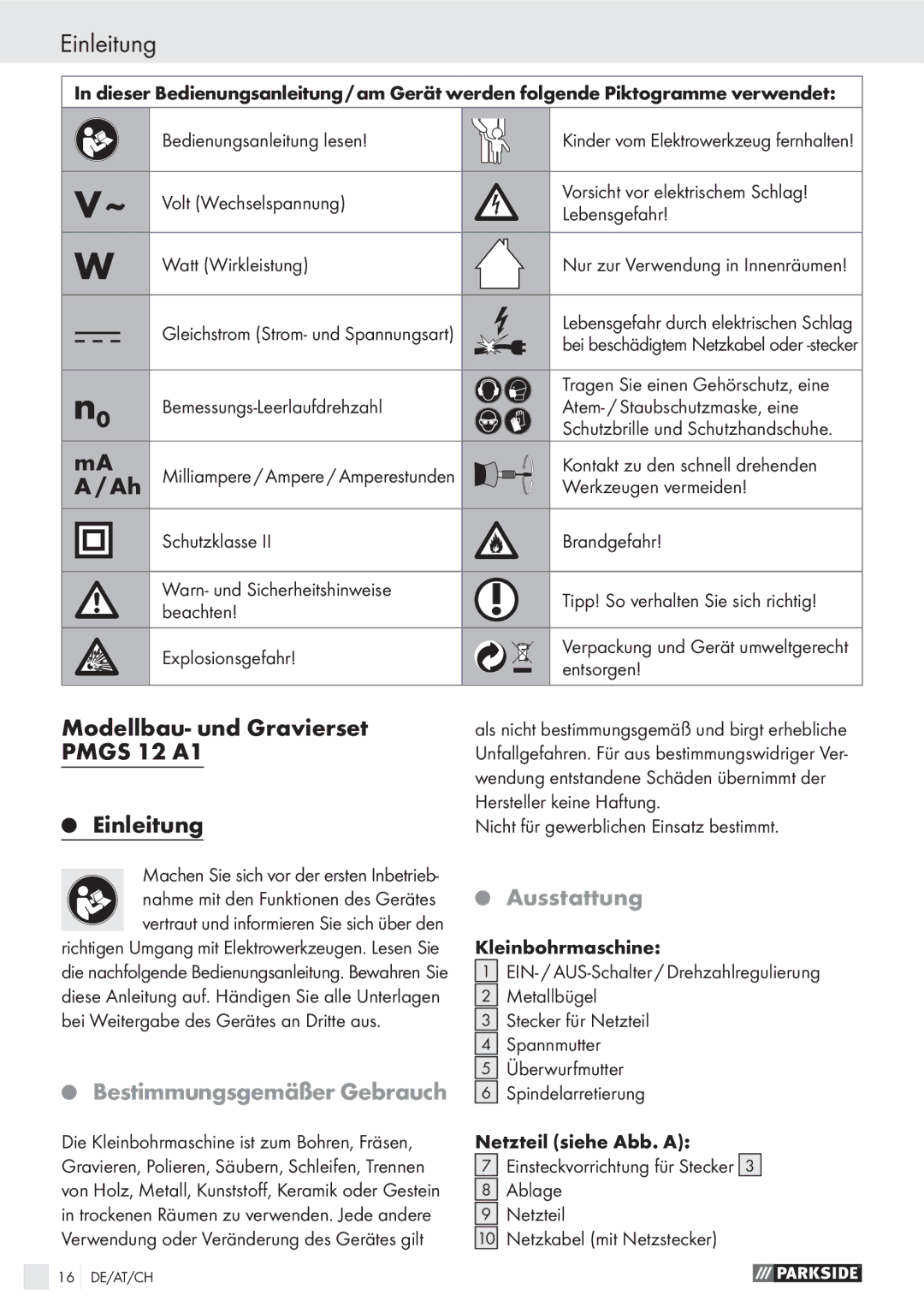 Parkside PMGS 12 A1 manual Modellbau- und Gravierset Pmgs 12 A1 Einleitung, Bestimmungsgemäßer Gebrauch, Ausstattung 