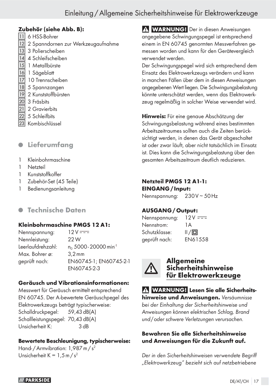 Parkside PMGS 12 A1 Lieferumfang, Technische Daten, EN60745-2-3, Schalldruckpegel, Nennstrom Schutzklasse Geprüft nach 