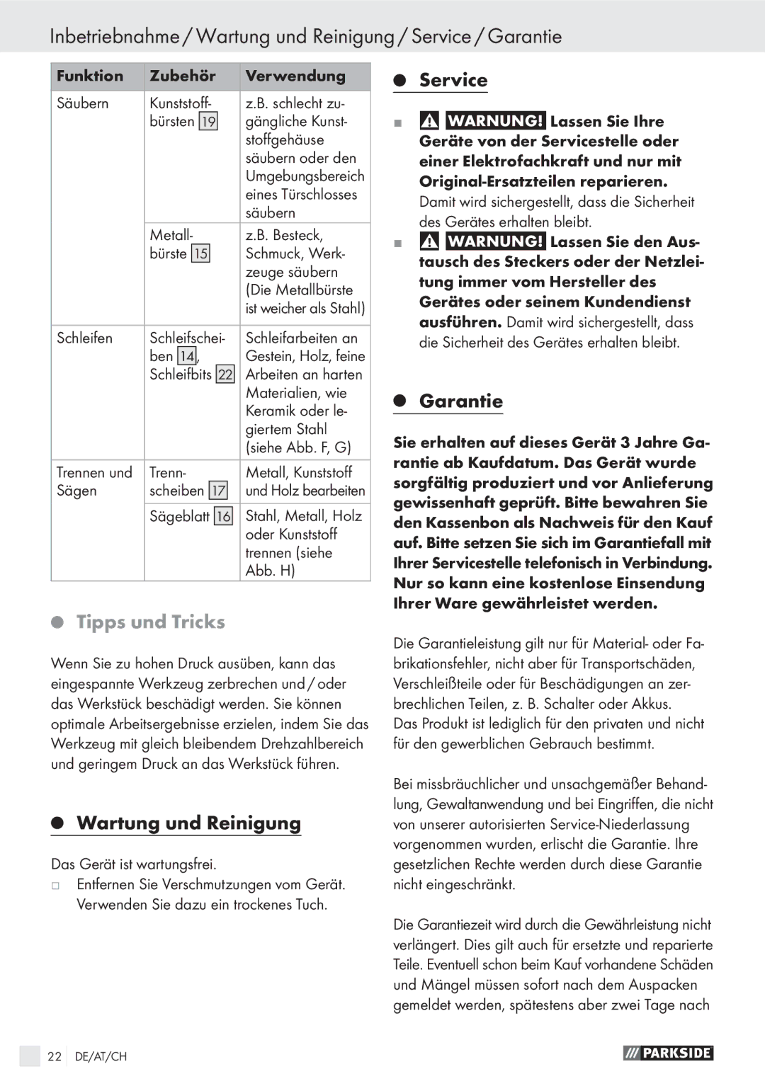 Parkside PMGS 12 A1 manual Inbetriebnahme / Wartung und Reinigung / Service / Garantie, Tipps und Tricks 