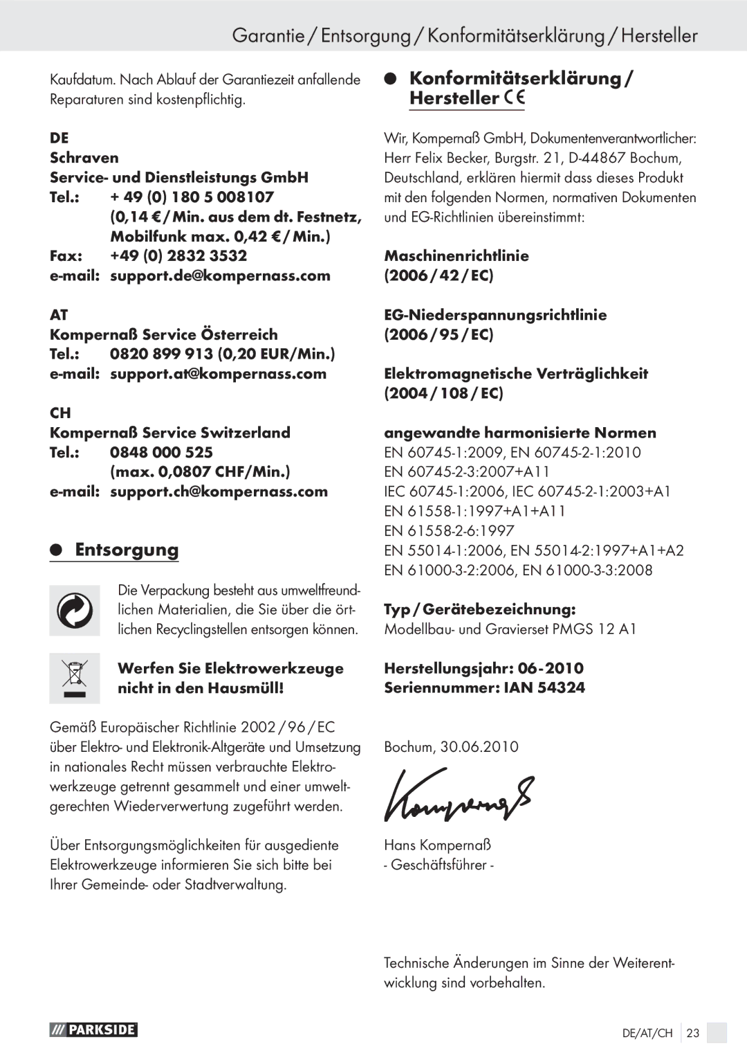 Parkside PMGS 12 A1 manual Garantie / Entsorgung / Konformitätserklärung / Hersteller, Konformitätserklärung Hersteller 