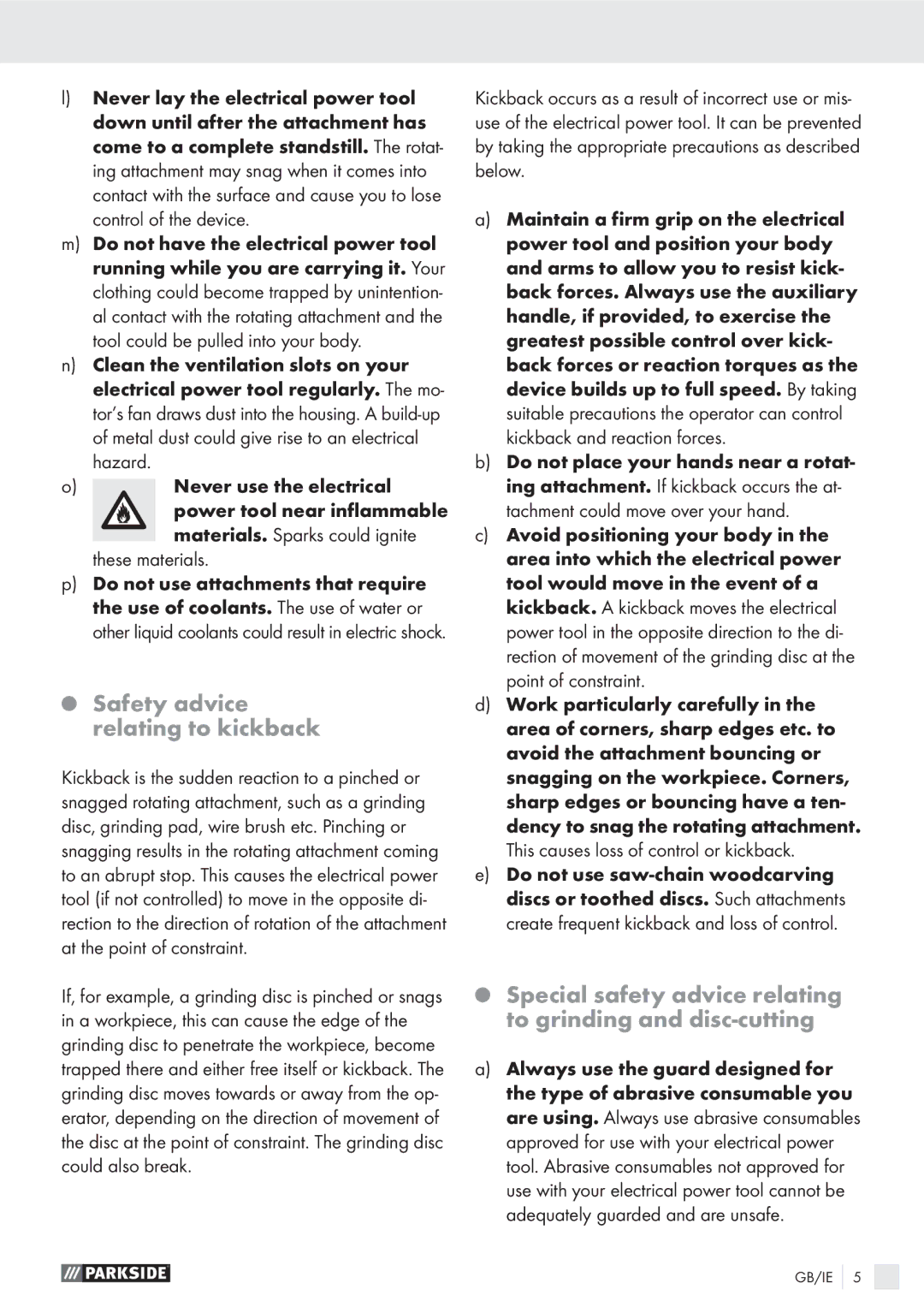 Parkside PMGS 12 A1 manual Safety advice relating to kickback, Special safety advice relating to grinding and disc-cutting 