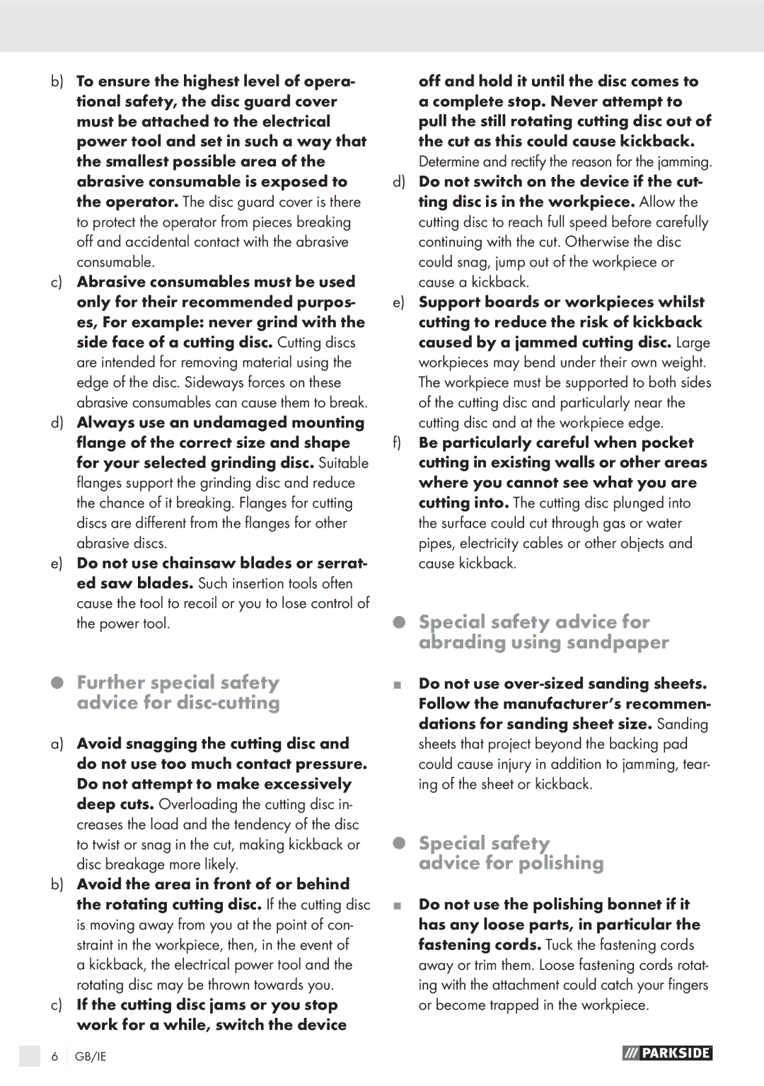 Parkside PMGS 12 A1 Further special safety advice for disc-cutting, Special safety advice for abrading using sandpaper 