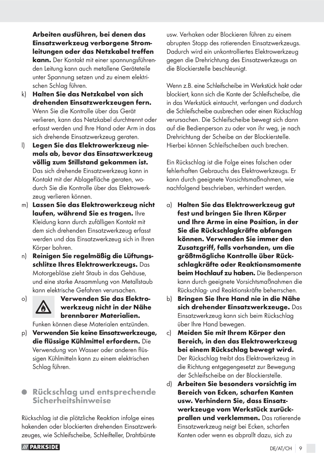 Parkside PMGS 12 A1 manual Rückschlag und entsprechende Sicherheitshinweise 