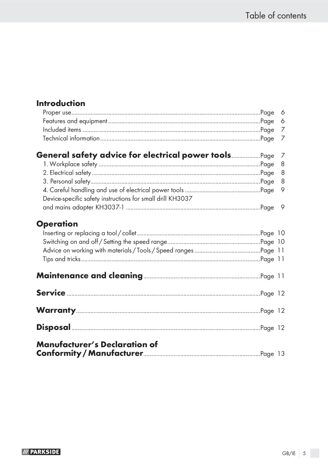 Parkside PMGS 12 A1 manual Table of contents 