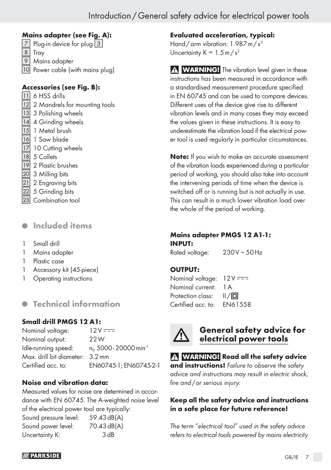 Parkside PMGS 12 A1 manual Included items, Technical information 