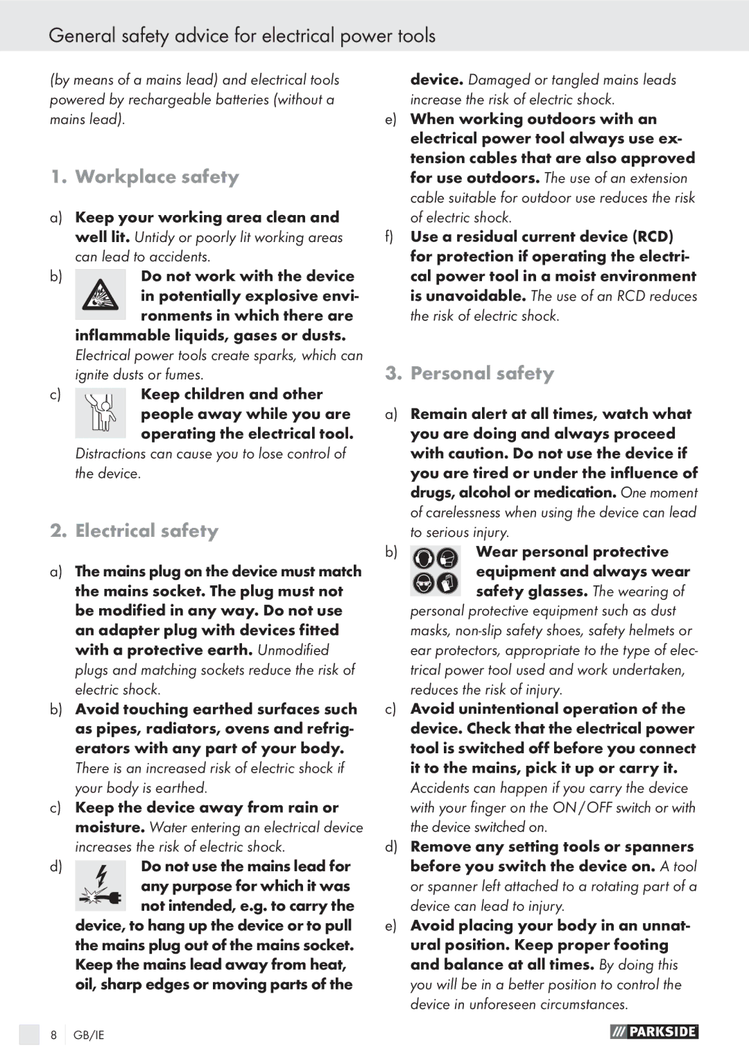 Parkside PMGS 12 A1 General safety advice for electrical power tools, Workplace safety, Electrical safety, Personal safety 