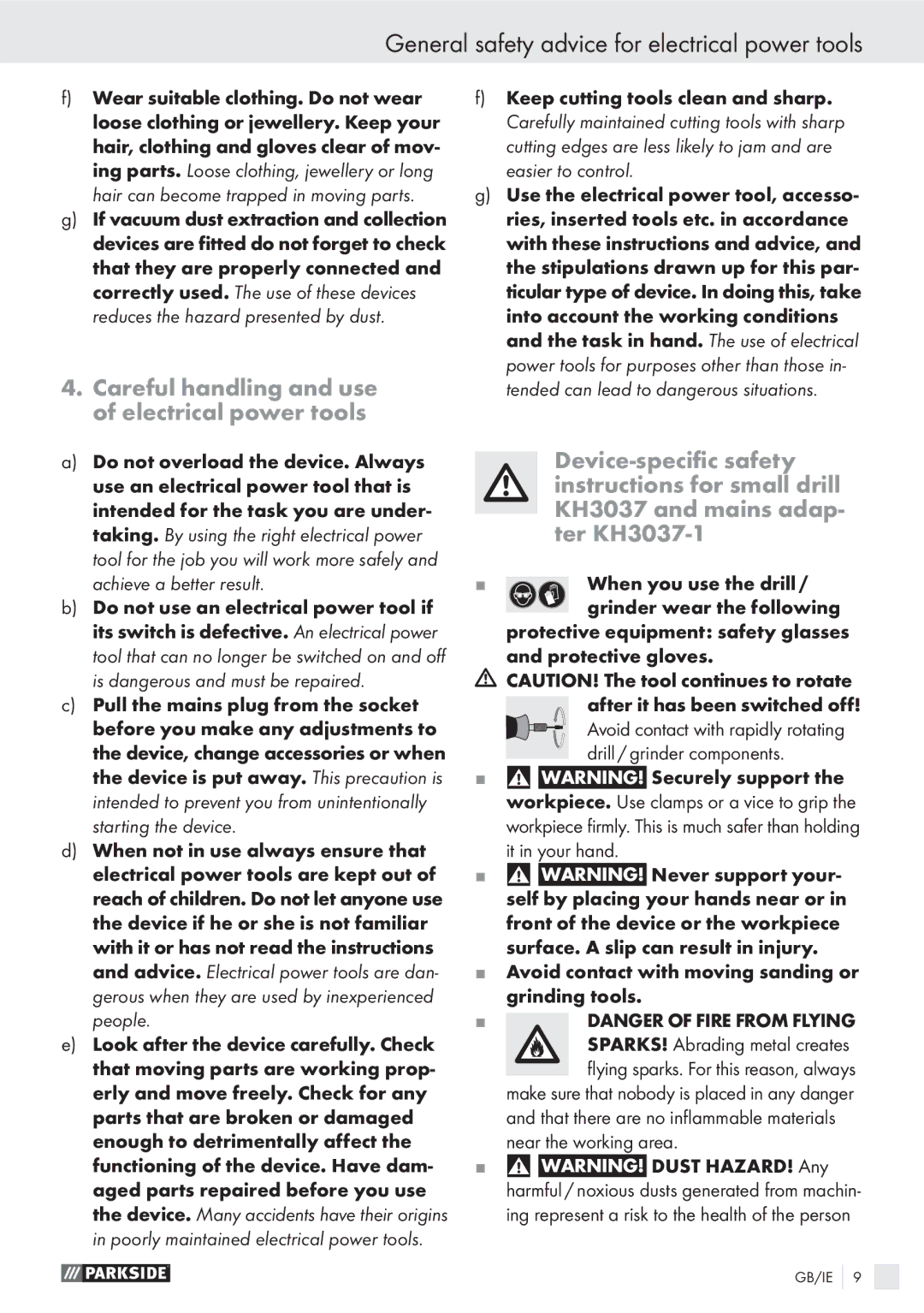 Parkside PMGS 12 A1 manual Careful handling and use of electrical power tools 
