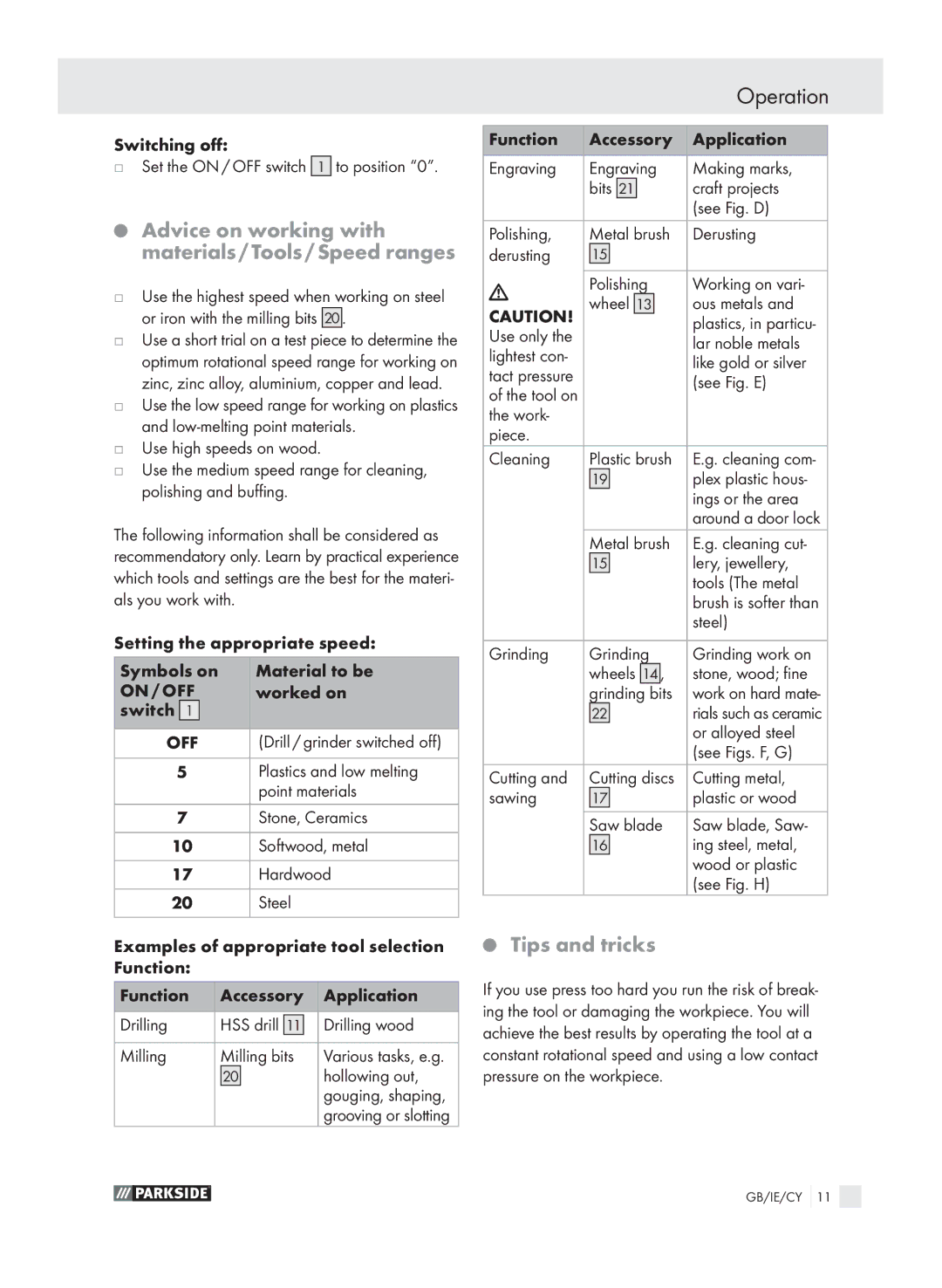 Parkside PMGS 12 manual Advice on working with materials / Tools / Speed ranges, Tips and tricks 