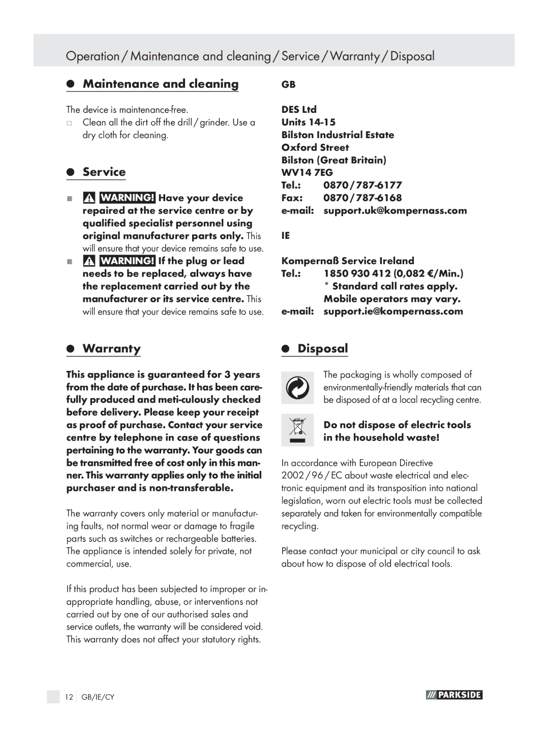 Parkside PMGS 12 manual Maintenance and cleaning, Service, Warranty Disposal 