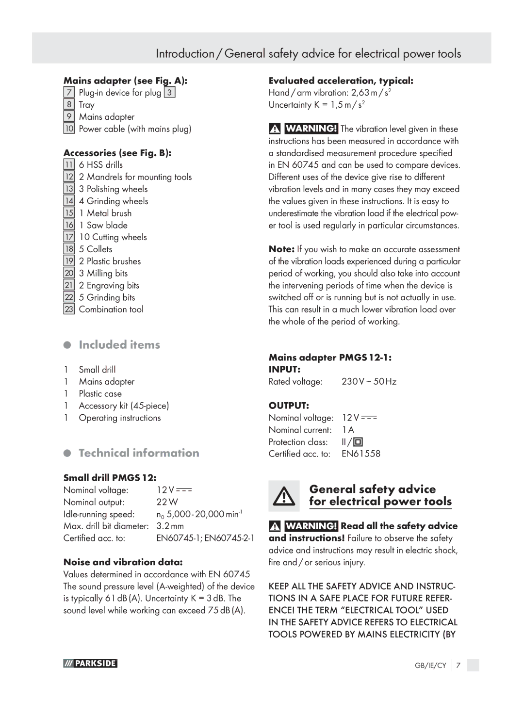 Parkside PMGS 12 manual Included items, Technical information 