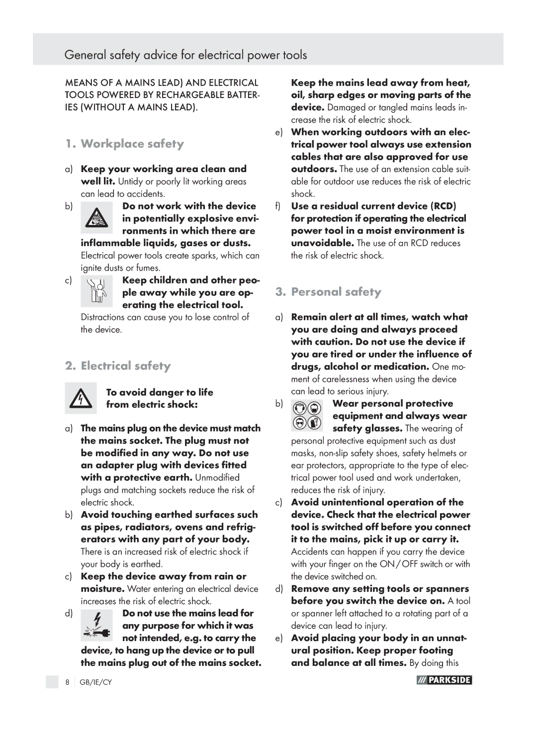 Parkside PMGS 12 General safety advice for electrical power tools, Workplace safety, Electrical safety, Personal safety 