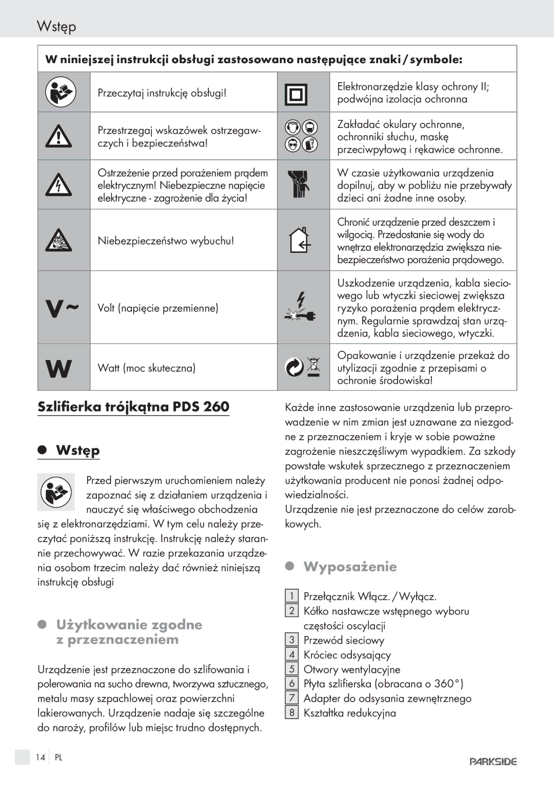 Parkside POE-2400, POE-1200 manual Wstęp, Szlifierka trójkątna PDS, Wyposażenie, Użytkowanie zgodne, Przeznaczeniem 