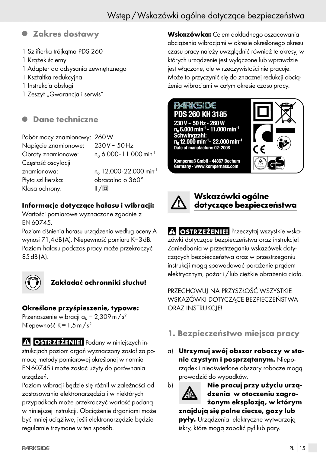 Parkside POE-1200, POE-2400 manual Wstęp / Wskazówki ogólne dotyczące bezpieczeństwa, Zakres dostawy, Dane techniczne 