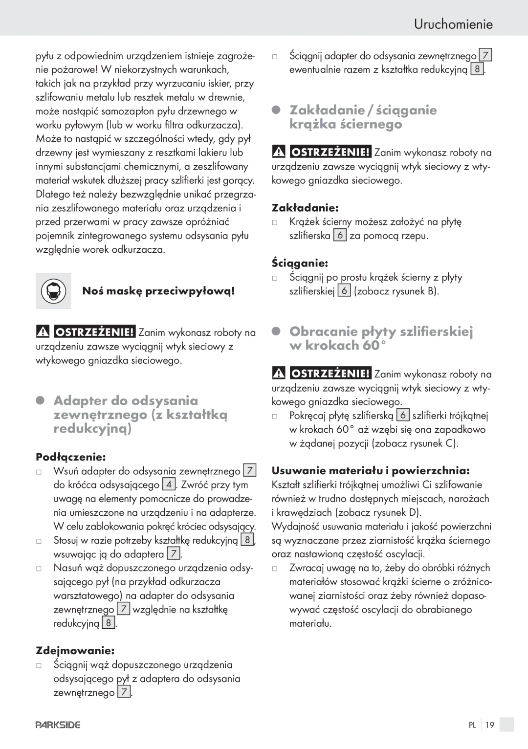 Parkside POE-1200, POE-2400 manual Uruchomienie, Adapter do odsysania zewnętrznego z kształtką redukcyjną 