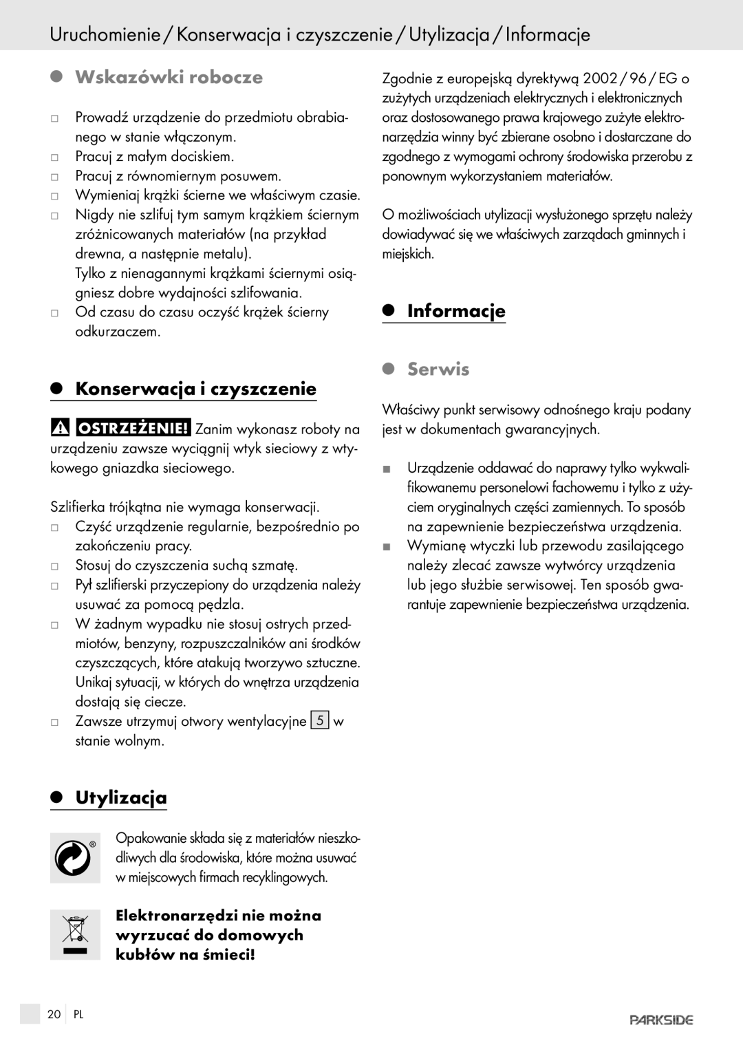 Parkside POE-2400, POE-1200 manual Wskazówki robocze, Konserwacjai czyszczenie, Utylizacja, Serwis 