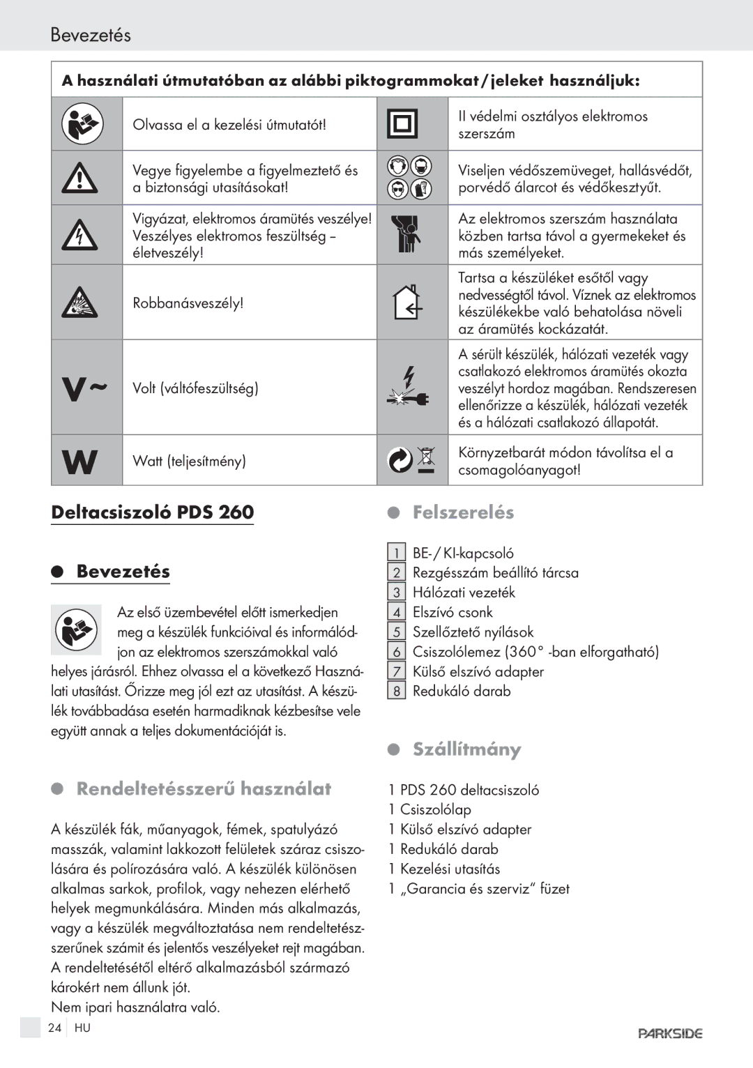 Parkside POE-2400, POE-1200 manual Deltacsiszoló PDS Bevezetés, Rendeltetésszerű használat, Felszerelés, Szállítmány 