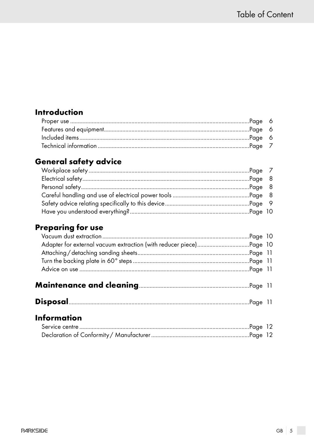 Parkside POE-1200, POE-2400 manual Table of Content, Introduction, General safety advice, Preparing for use, Information 