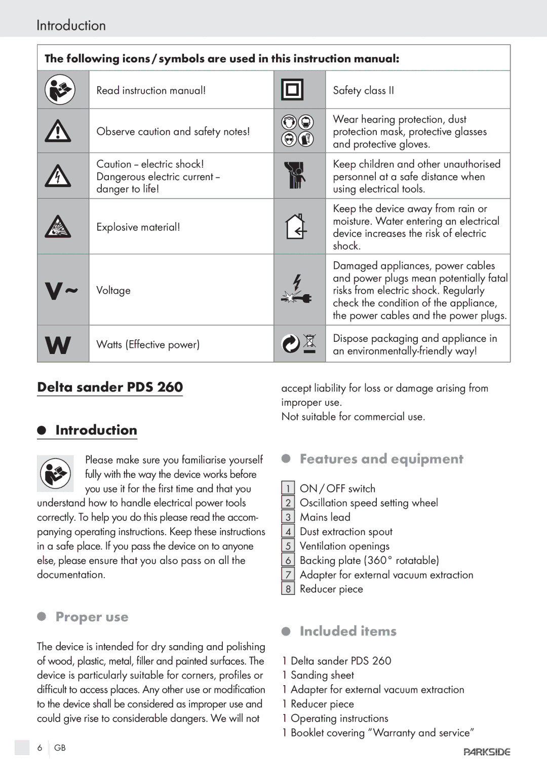 Parkside POE-2400, POE-1200 manual Introduction, Delta sander PDS, Features and equipment, Proper use Included items 