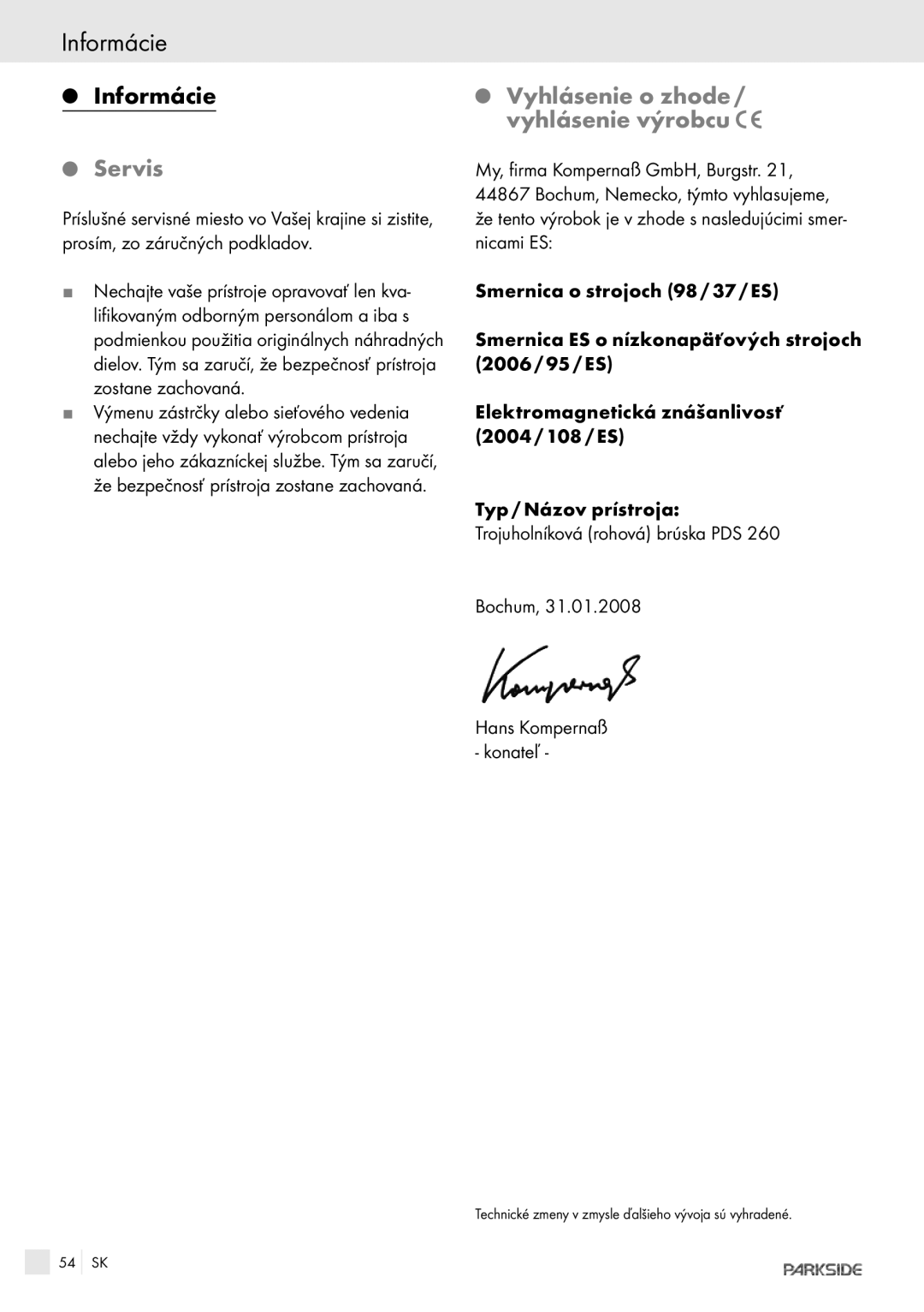 Parkside POE-2400, POE-1200 manual Informácie, Vyhlásenie o zhode / vyhlásenie výrobcu, Hans Kompernaß konateľ 