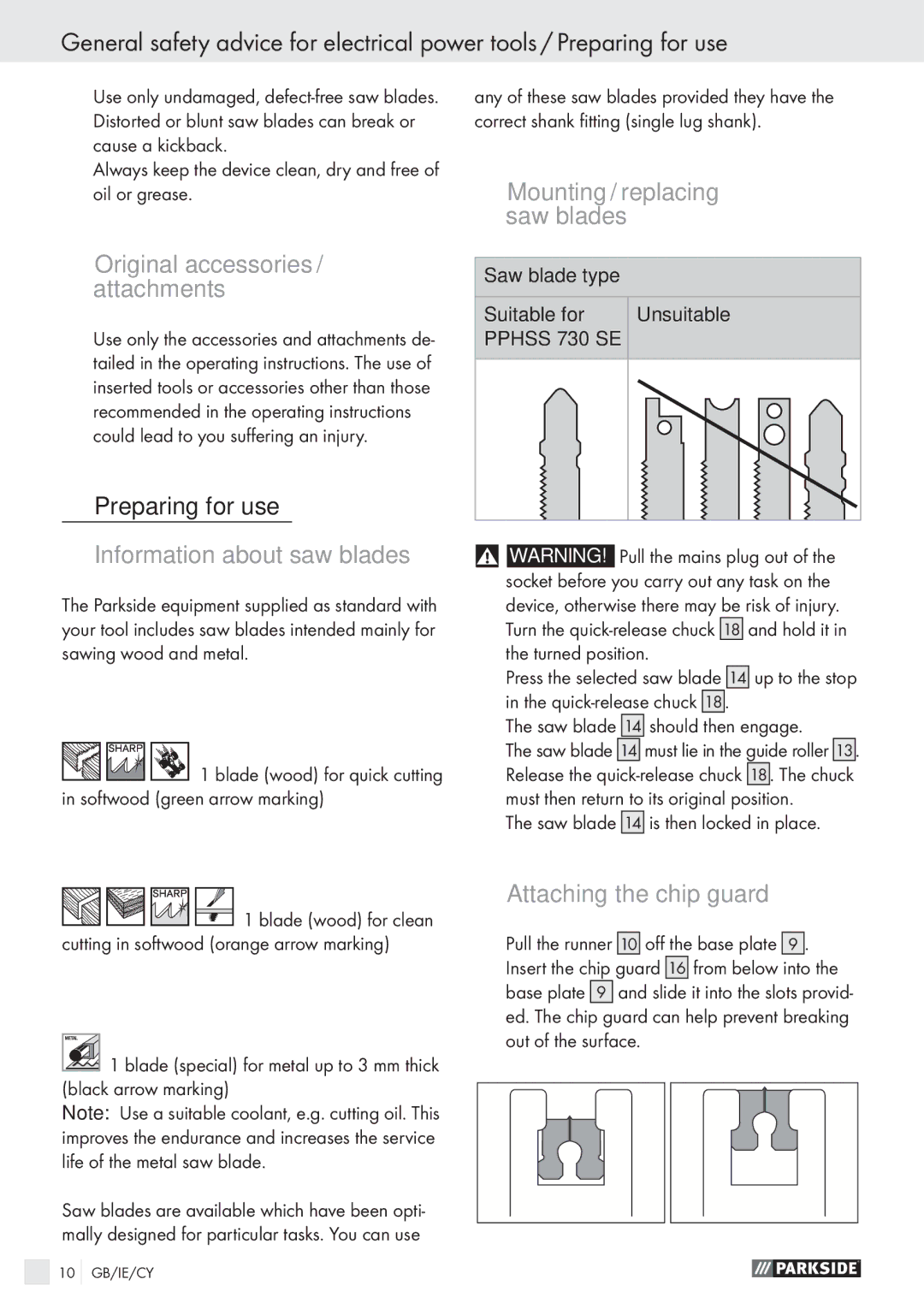 Parkside PPHSS 730 SE Original accessories / attachments, Information about saw blades, Mounting / replacing saw blades 