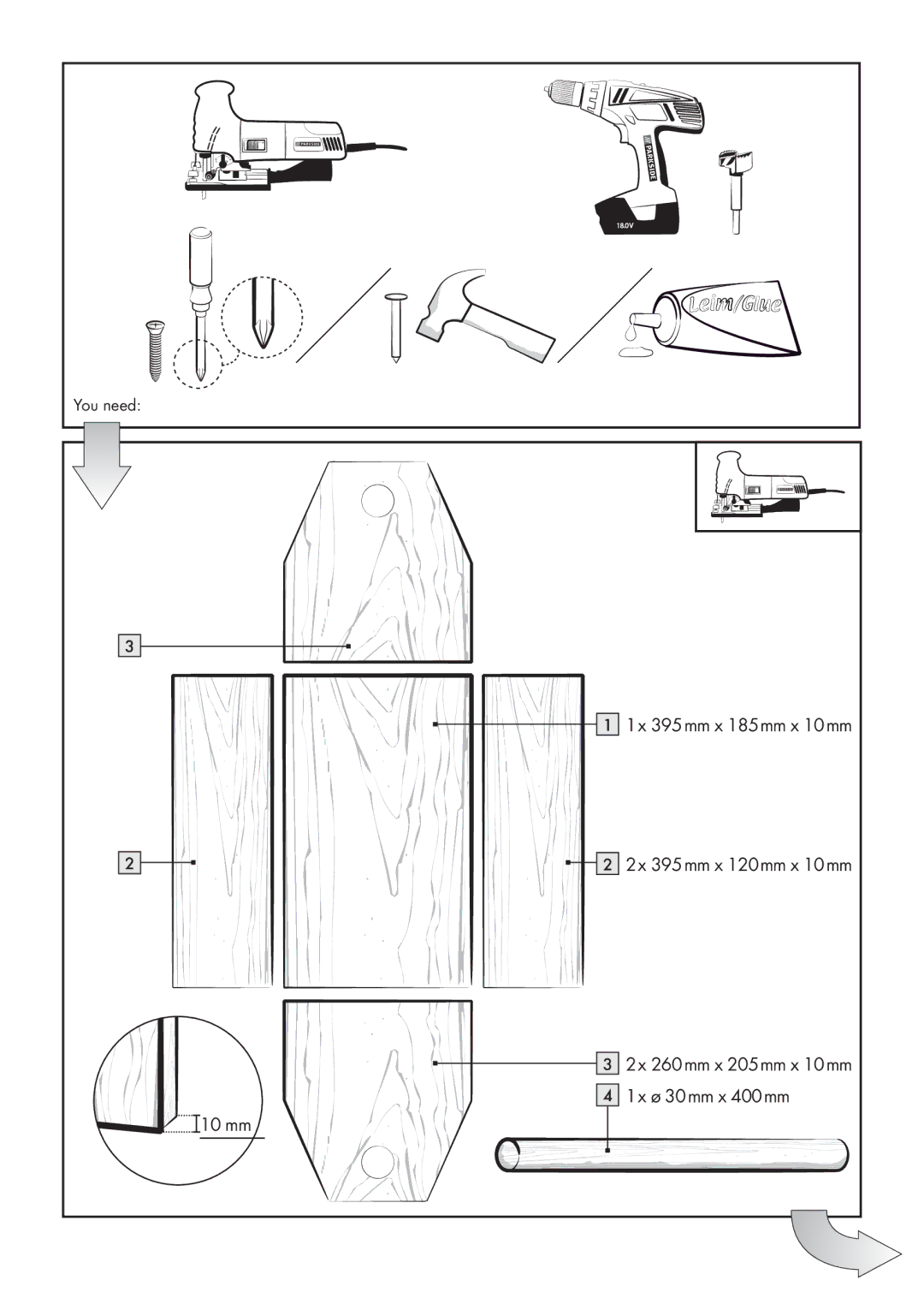 Parkside PPHSS 730 SE manual 10 mm 395 mm x 185 mm x 10 mm 395 mm x 120 mm x 10 mm 