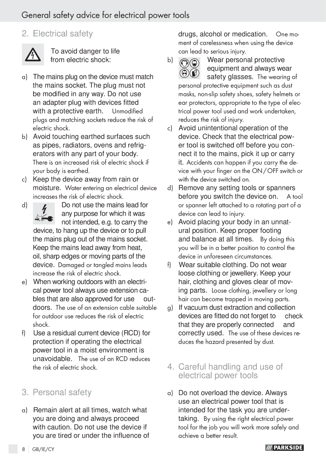 Parkside PPHSS 730 SE manual General safety advice for electrical power tools, Electrical safety, Personal safety 