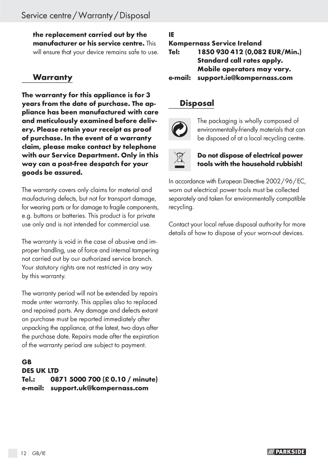 Parkside PSBM 500 A1 manual Service centre / Warranty / Disposal 