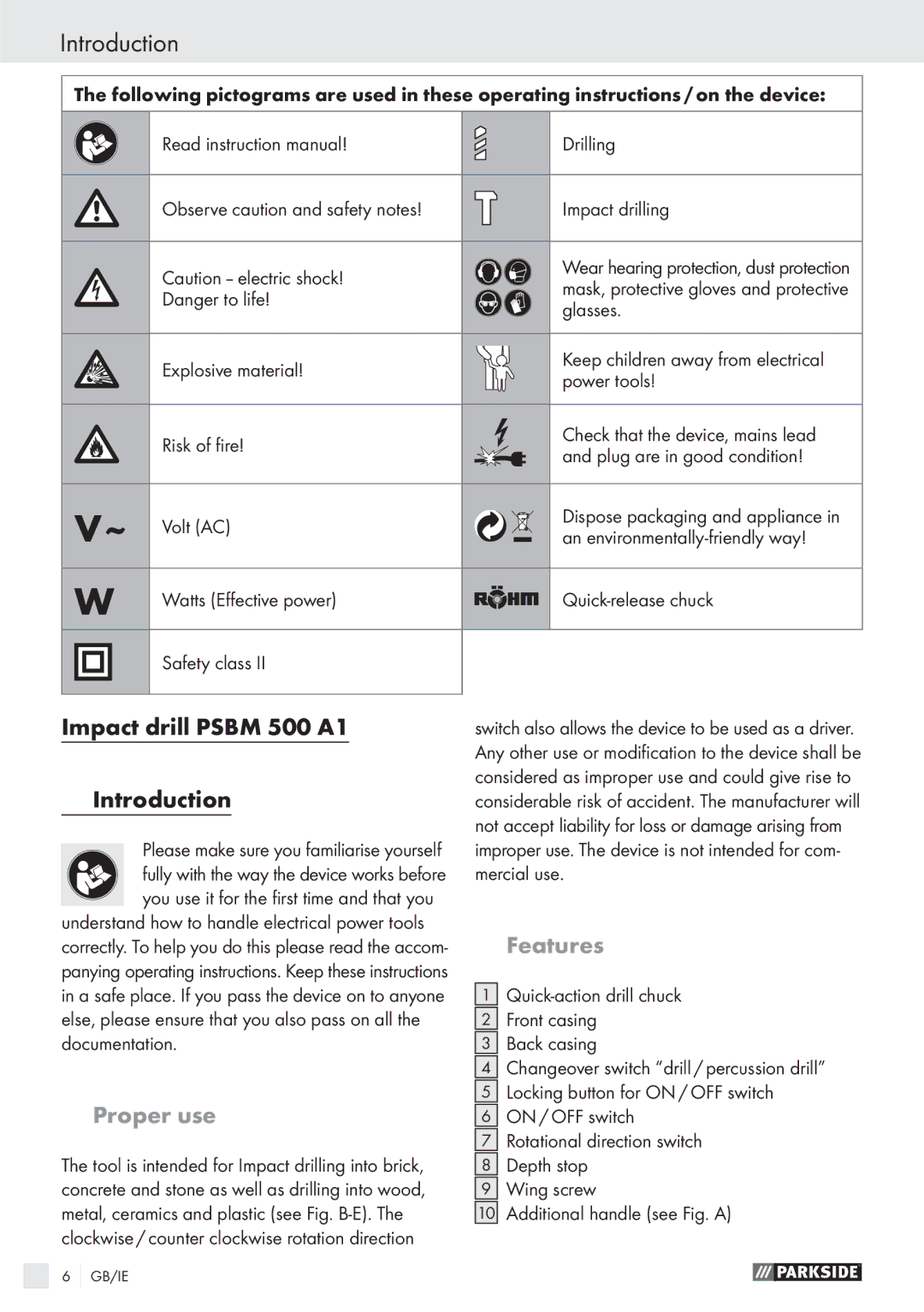 Parkside PSBM 500 A1 manual Impact drill Psbm 500 A1 Introduction, Proper use, Features 