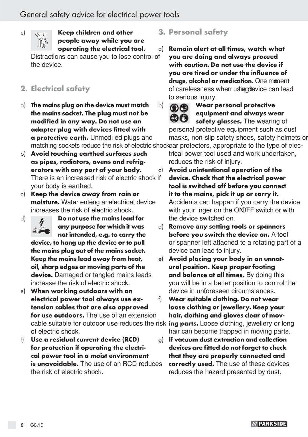 Parkside PSBM 500 A1 manual General safety advice for electrical power tools, Electrical safety, Personal safety 