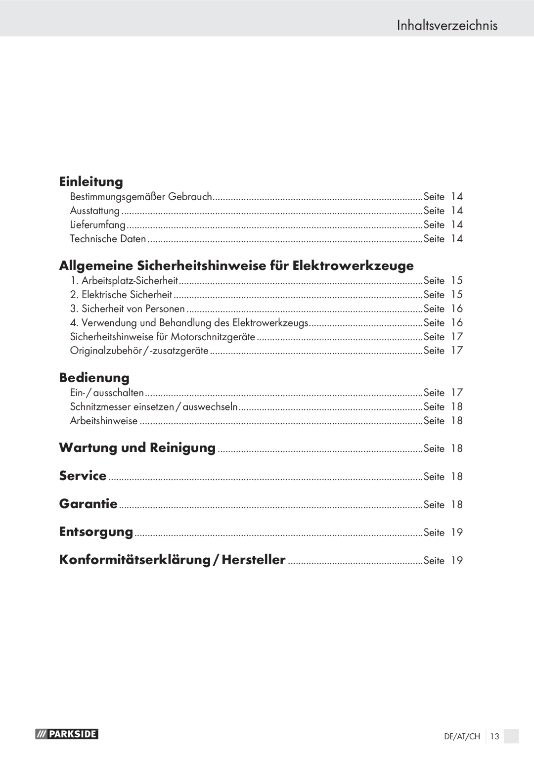 Parkside PSG 50 A1 manual Inhaltsverzeichnis, Einleitung, Allgemeine Sicherheitshinweise für Elektrowerkzeuge, Bedienung 