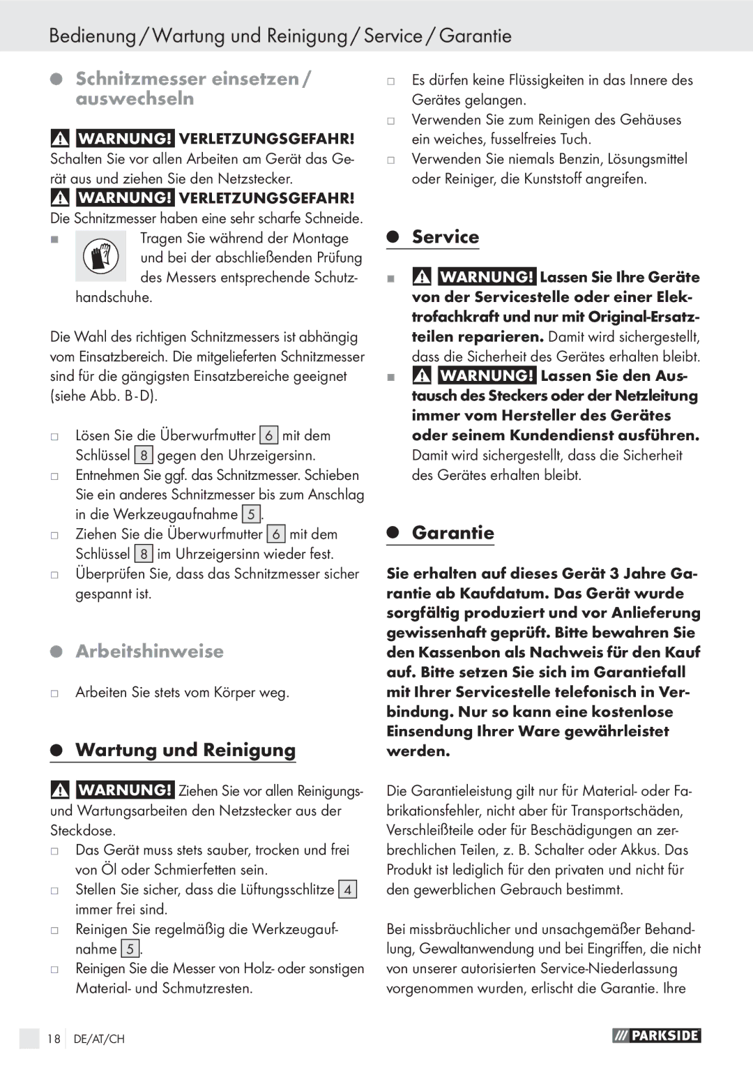 Parkside PSG 50 A1 manual Bedienung / Wartung und Reinigung / Service / Garantie, Schnitzmesser einsetzen / auswechseln 