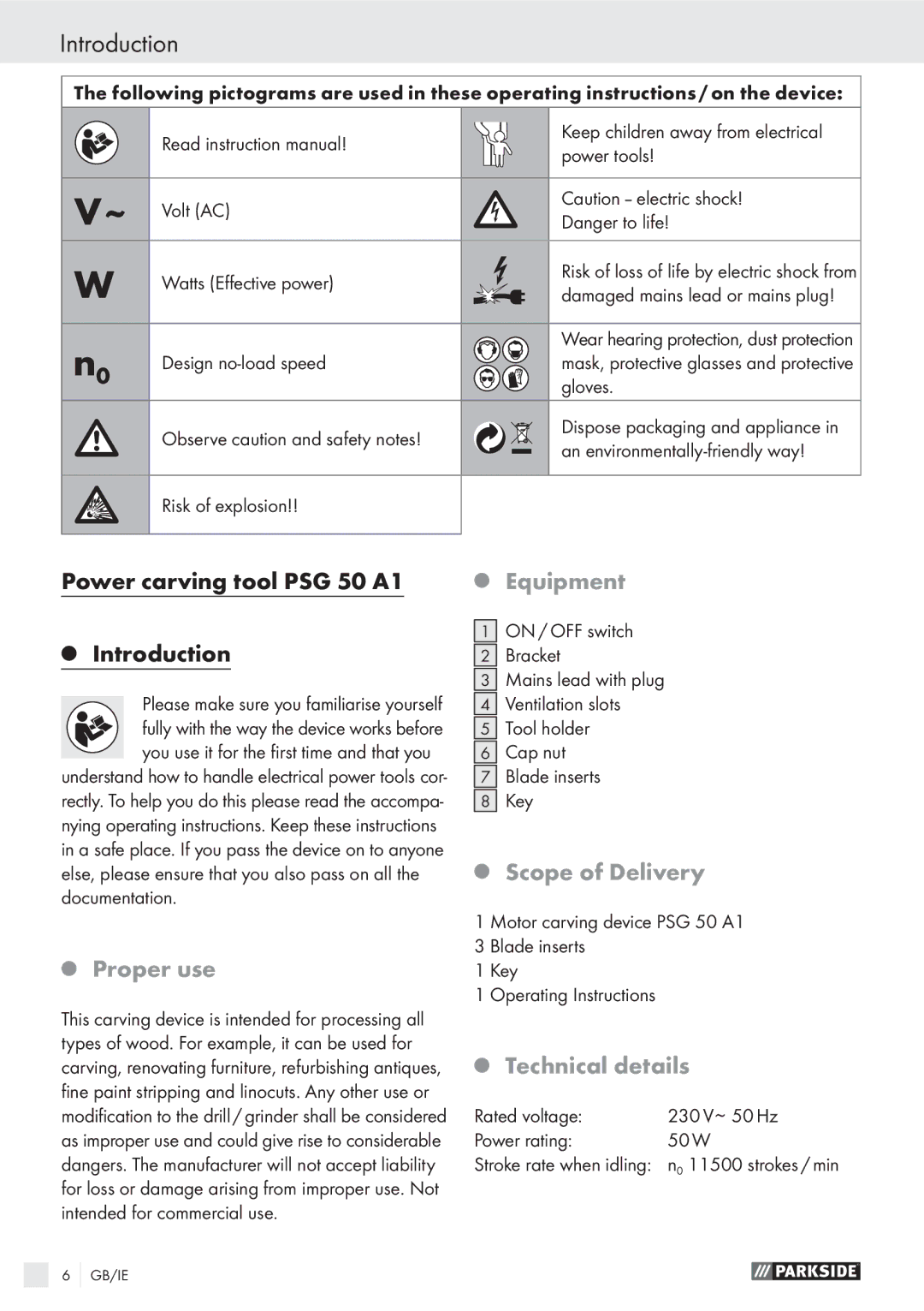 Parkside PSG 50 A1 manual Introduction, Equipment, Scope of Delivery, Proper use, Technical details 