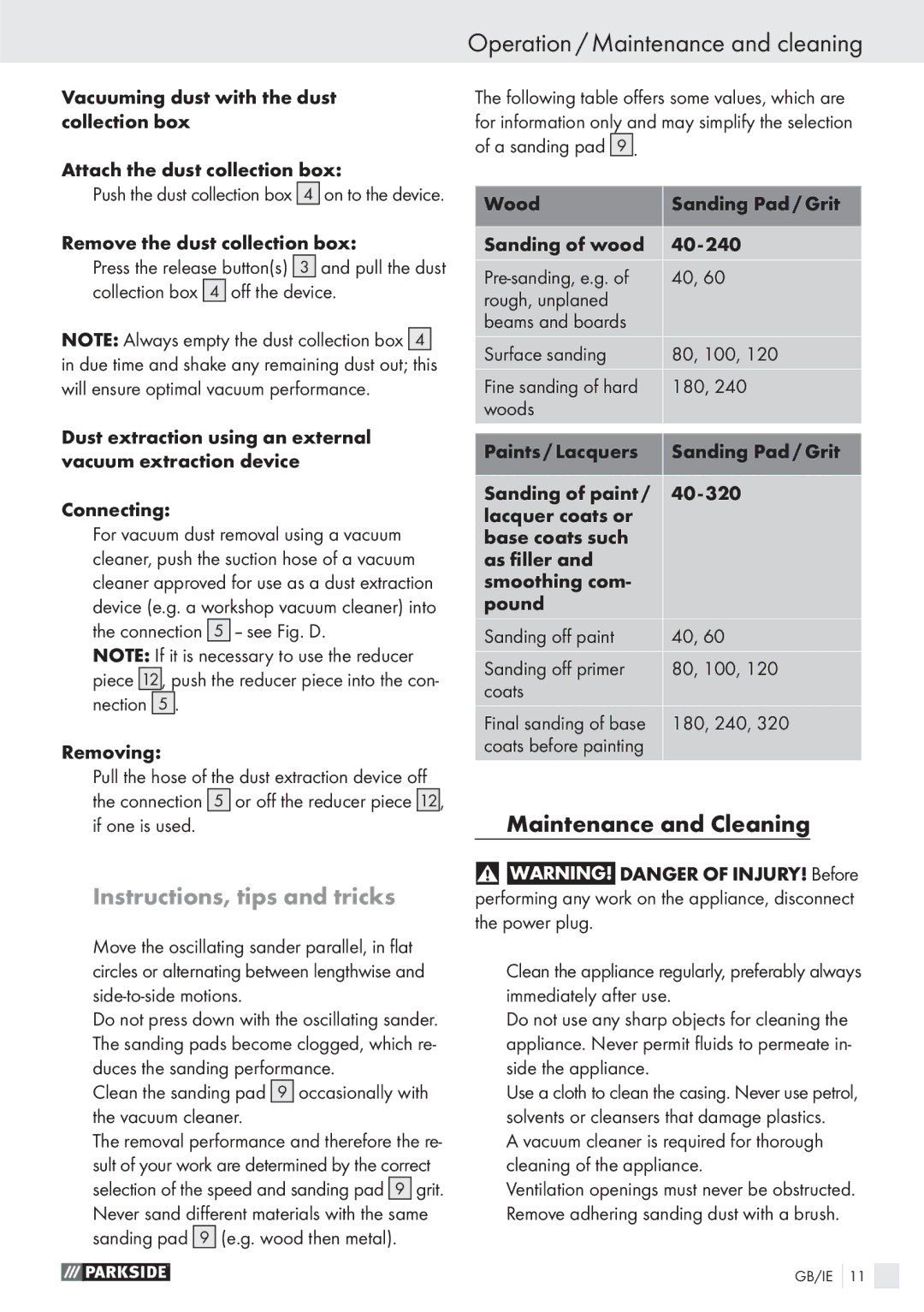 Parkside PSS 250 A1 Operation / Maintenance and cleaning, Instructions, tips and tricks, Maintenance and Cleaning, 180 